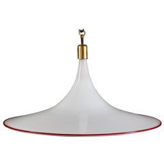 White Murano Glass 20th Century Hanging Pendant Light with Red Rim White Murano Glass 20th Century Hanging Pendant Light with Red Rim