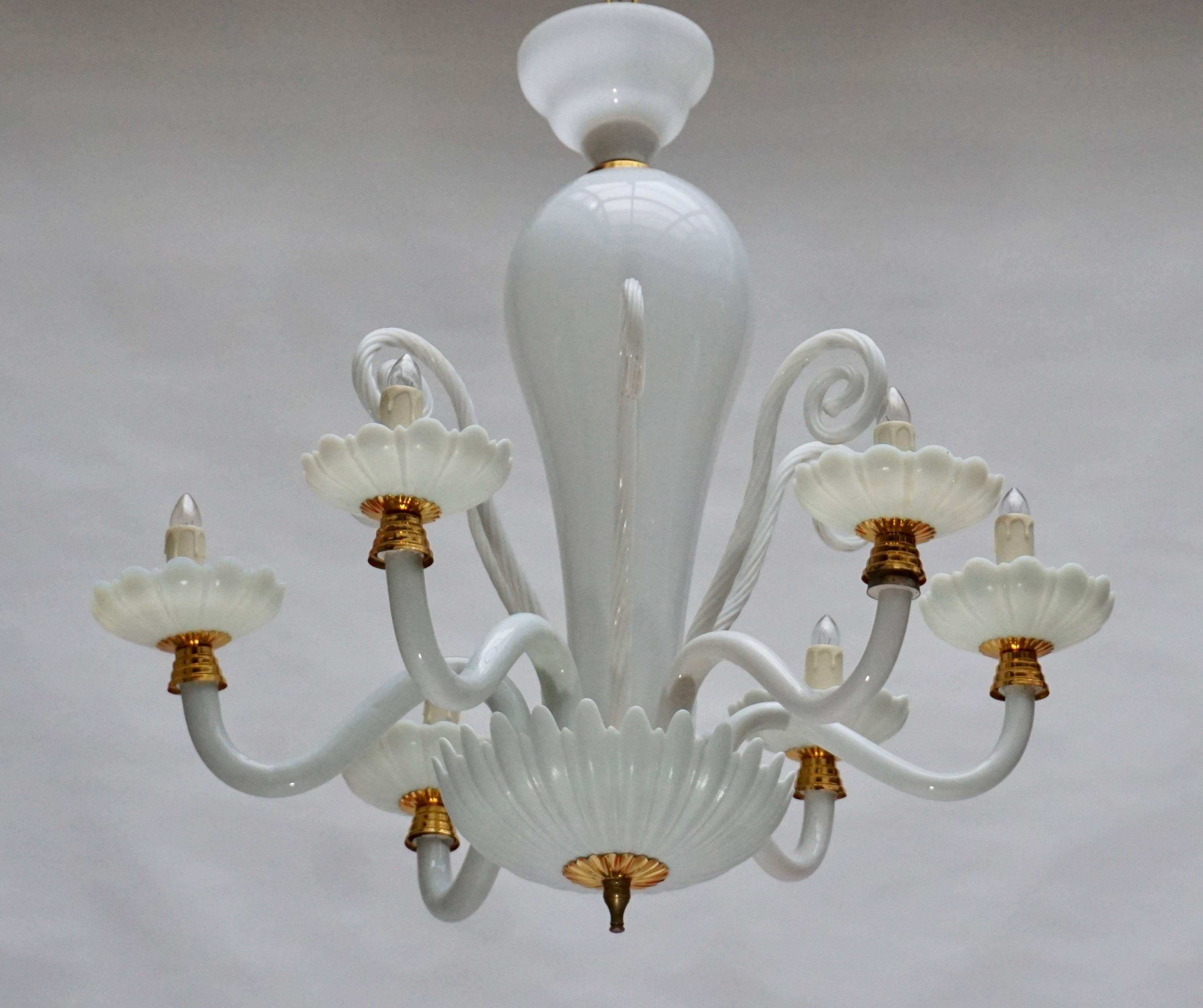 Mid-Century Modern White Murano Glass and Brass Chandelier
