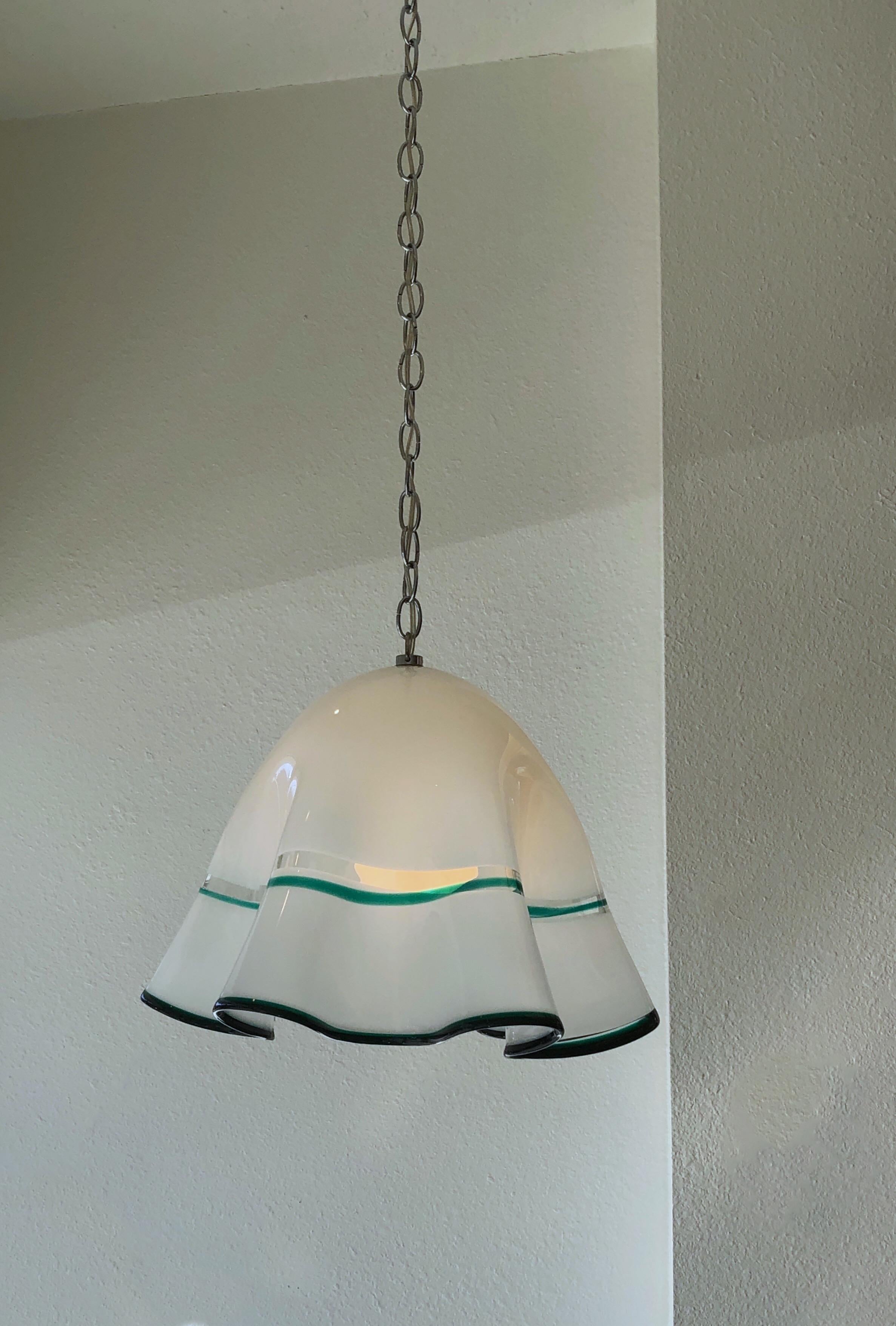 White Murano Glass  and Chrome Hanging Lamp by Mazzega In Excellent Condition In Palm Springs, CA