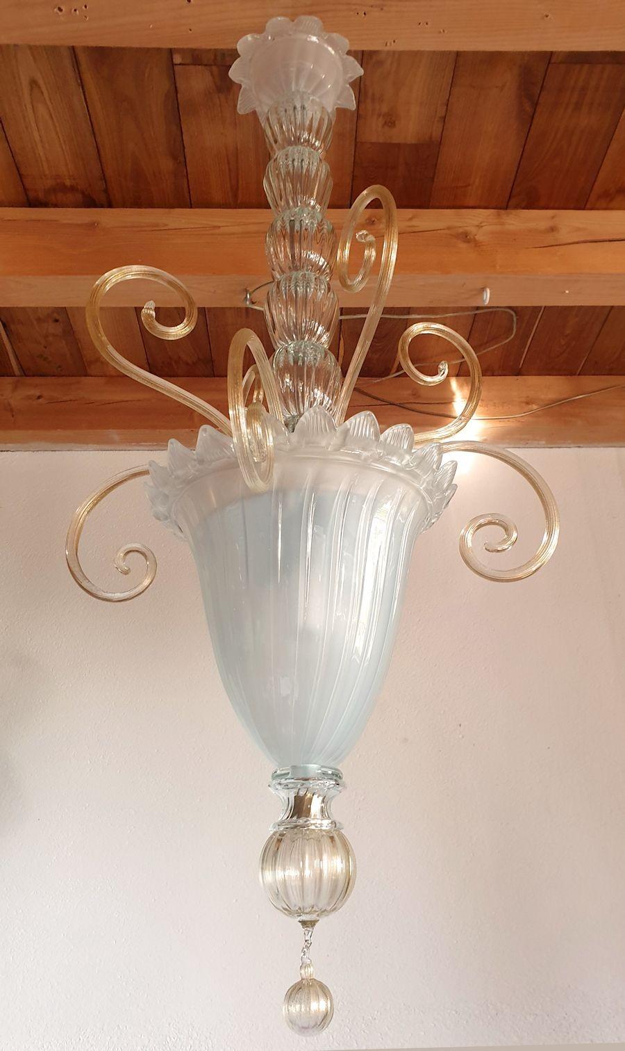 Mid-Century Modern White Murano Glass Chandelier-Lantern Italy For Sale