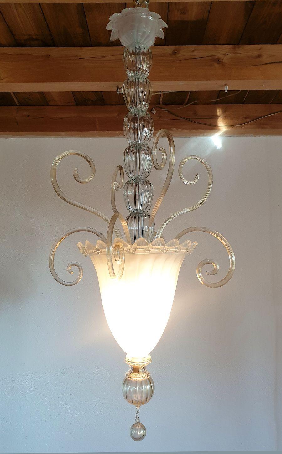 Italian White Murano Glass Chandelier-Lantern Italy For Sale