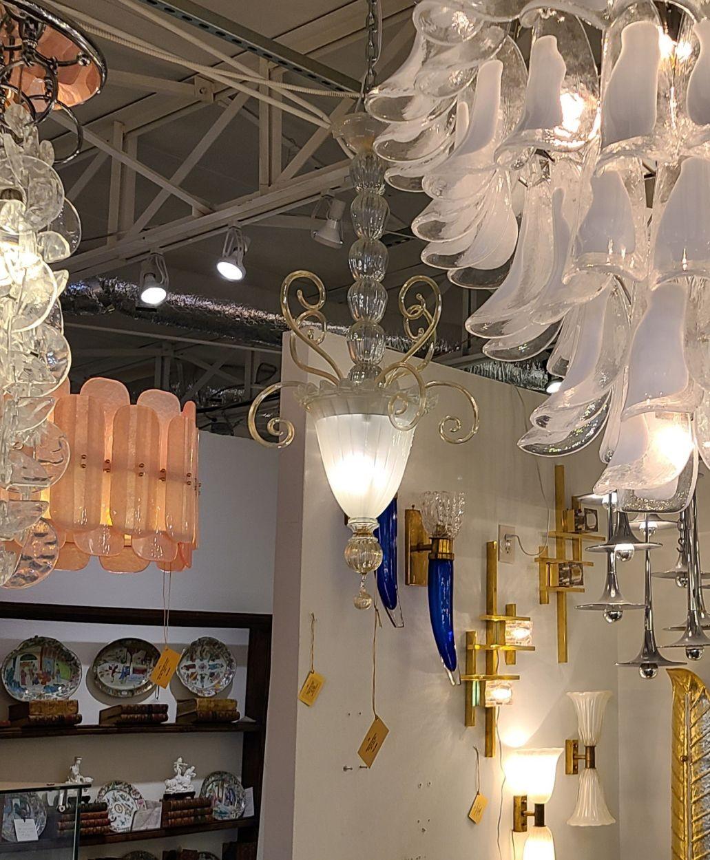 White Murano Glass Chandelier-Lantern Italy In Excellent Condition For Sale In Dallas, TX