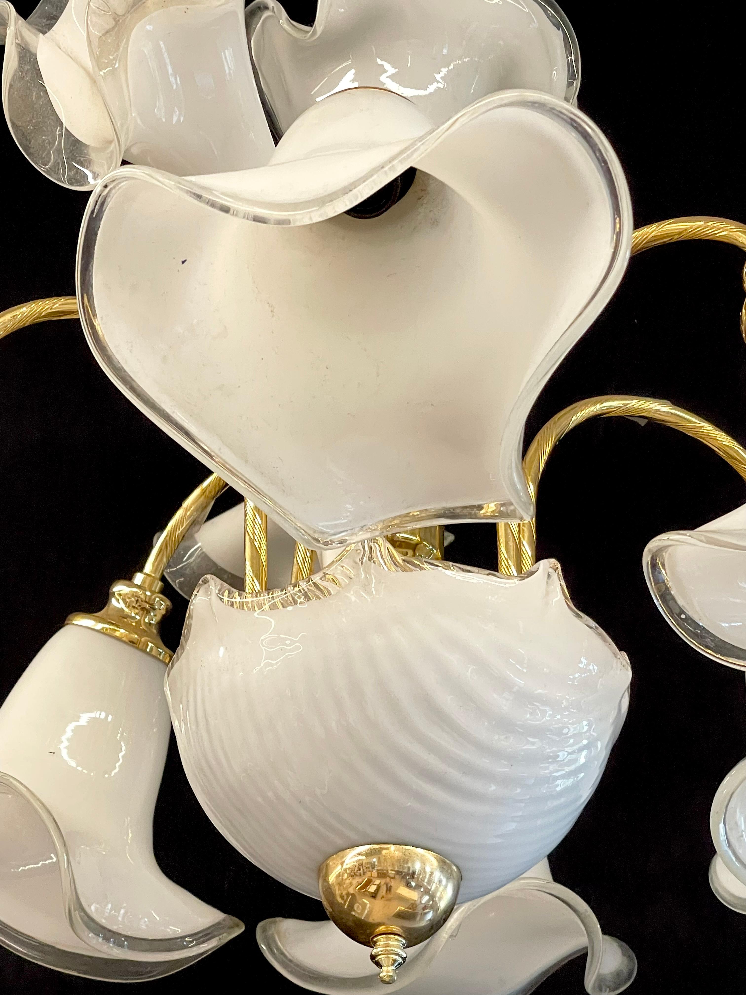 Brass White Murano Glass Chandelier Tulip Form