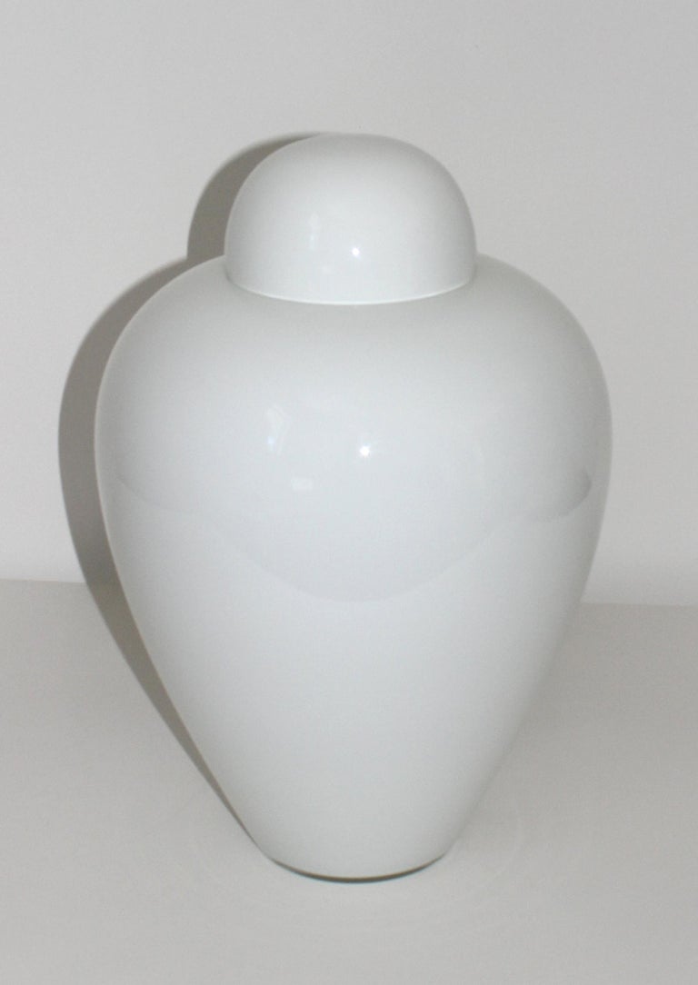 This stylish clean-lined ginger jar form white Murano glass pieces dates to the 1980s and it retains it original Venini label.

 