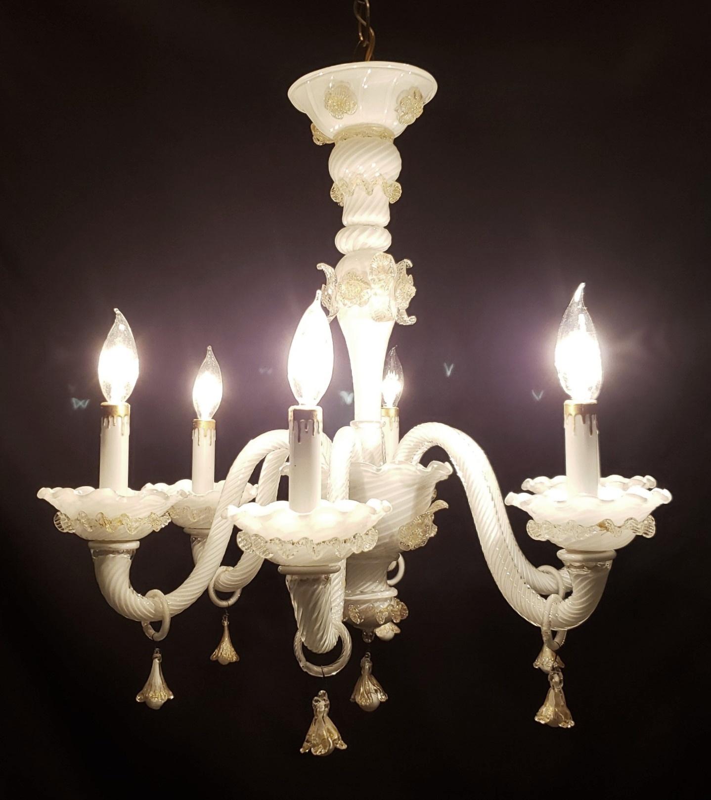Metal White Murano Glass Gold w 6 S Shaped Arm Chandelier For Sale