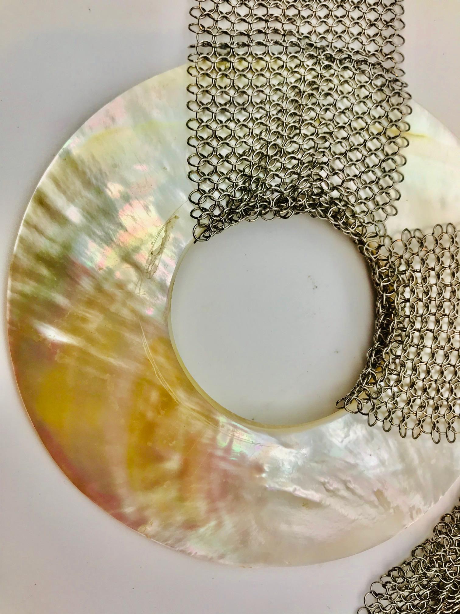 White Nacre Belt /Necklace/ Earrings on Stainless Steel Mesh, by Sylvia Gottwald In New Condition For Sale In Washington DC, DC