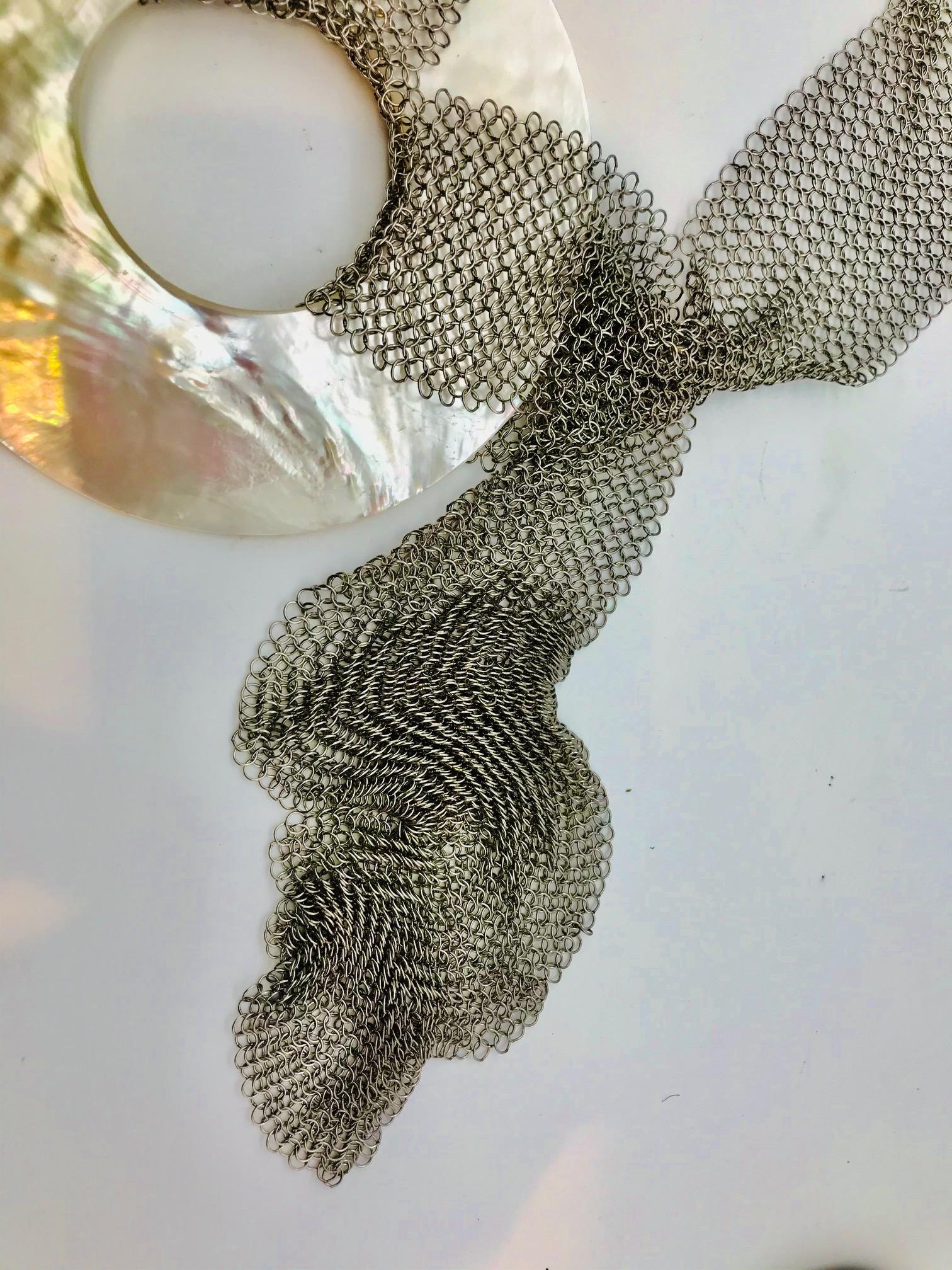 Women's or Men's White Nacre Belt /Necklace/ Earrings on Stainless Steel Mesh, by Sylvia Gottwald For Sale