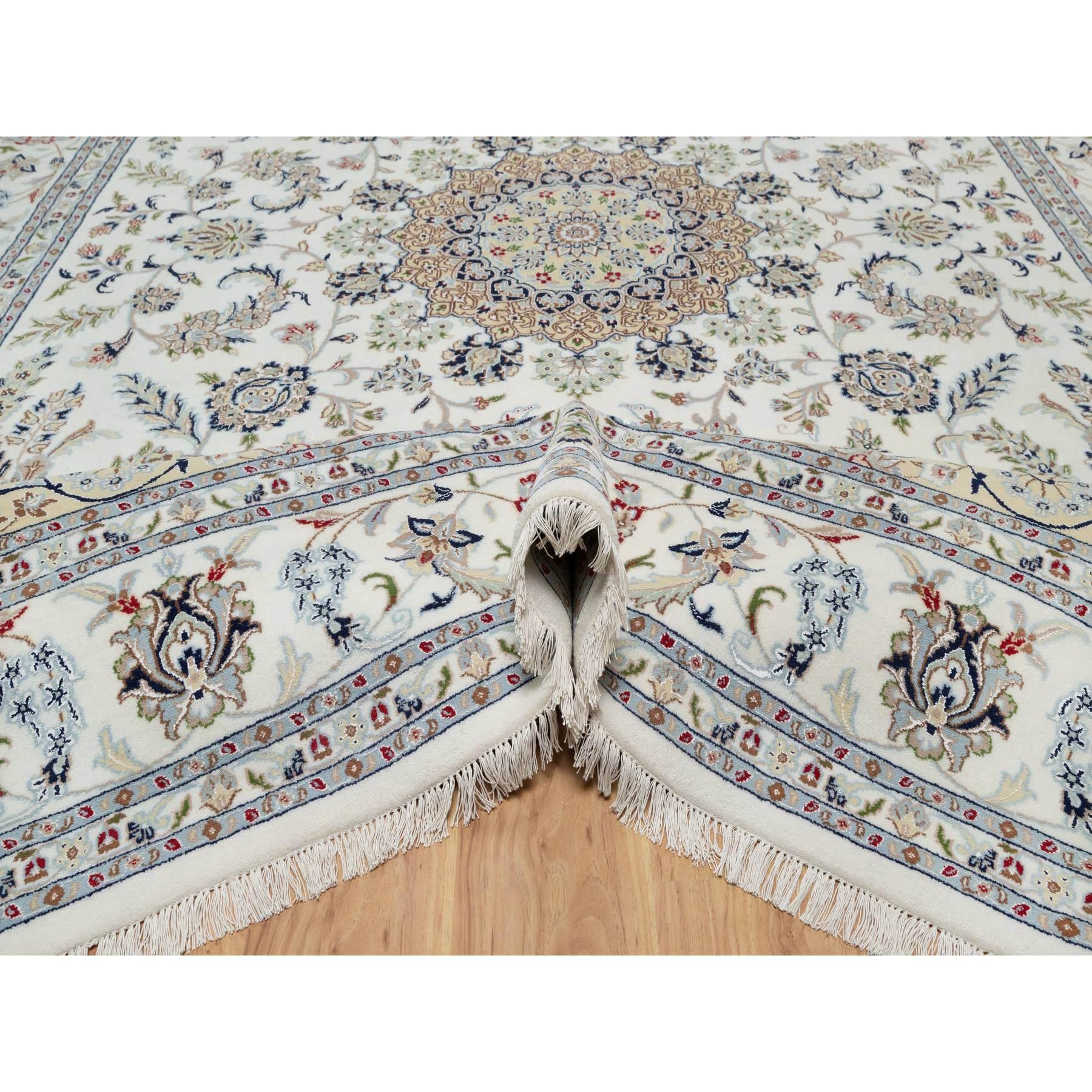 Hand-Knotted White Nain with Flower Design 250 KPSI Hand Knotted Wool & Silk Rug 8'10