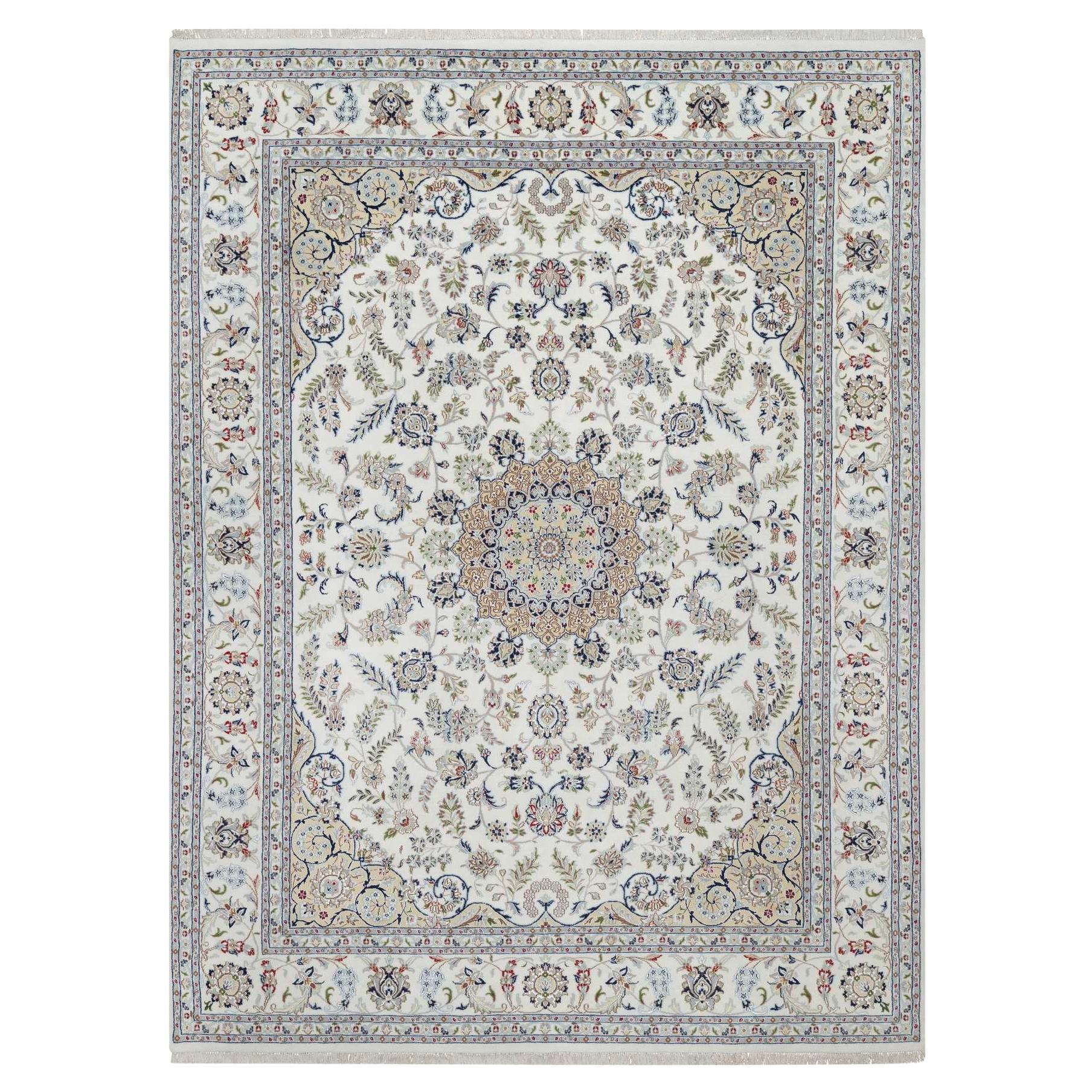 White Nain with Flower Design 250 KPSI Hand Knotted Wool & Silk Rug 8'10"x12'4"