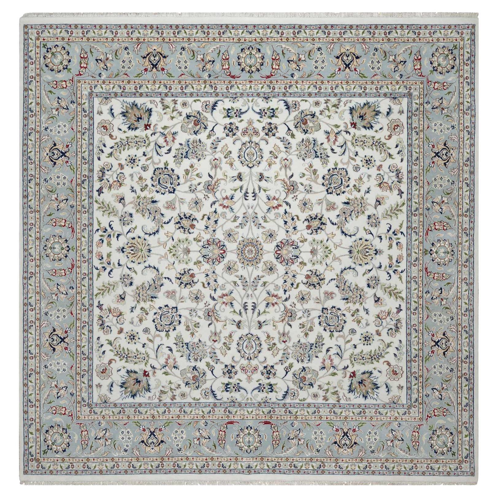 White Nain with Flower Design Wool & Silk Hand Knotted Square rug 10'1" x 10'2"