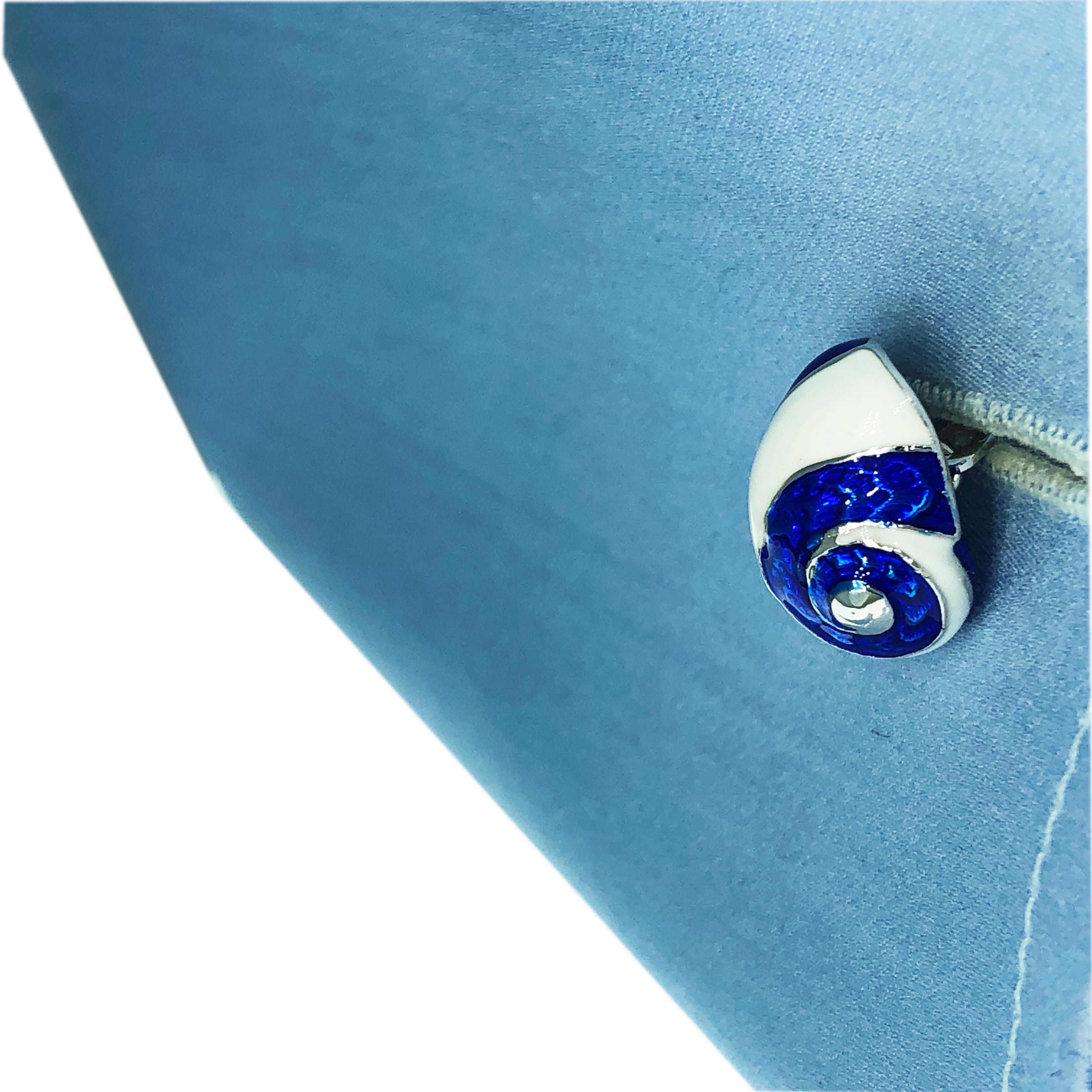 Berca White Navy Blue Hand Enameled Seashell Starfish Sterling Silver Cufflinks 7