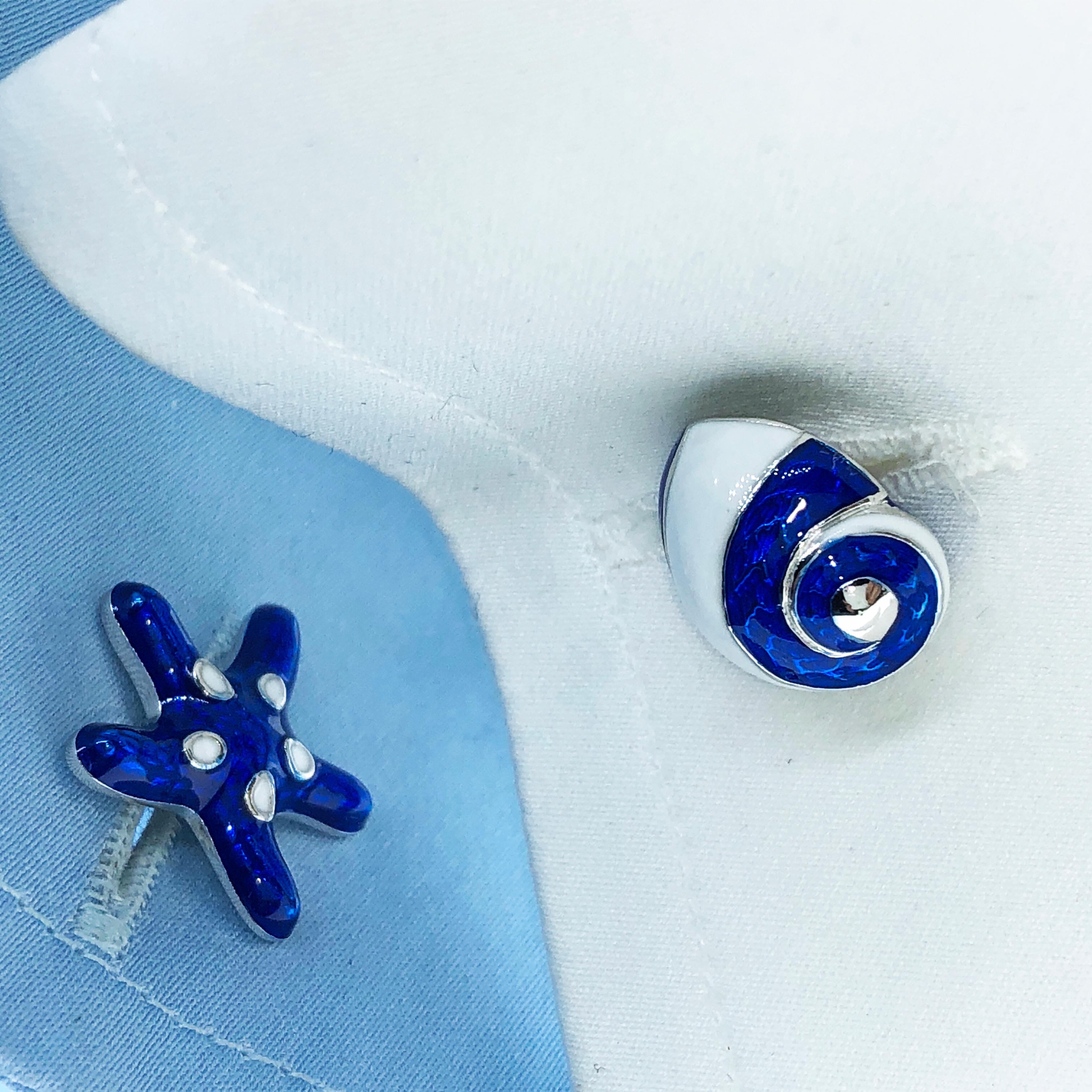Berca White Navy Blue Hand Enameled Seashell Starfish Sterling Silver Cufflinks 8