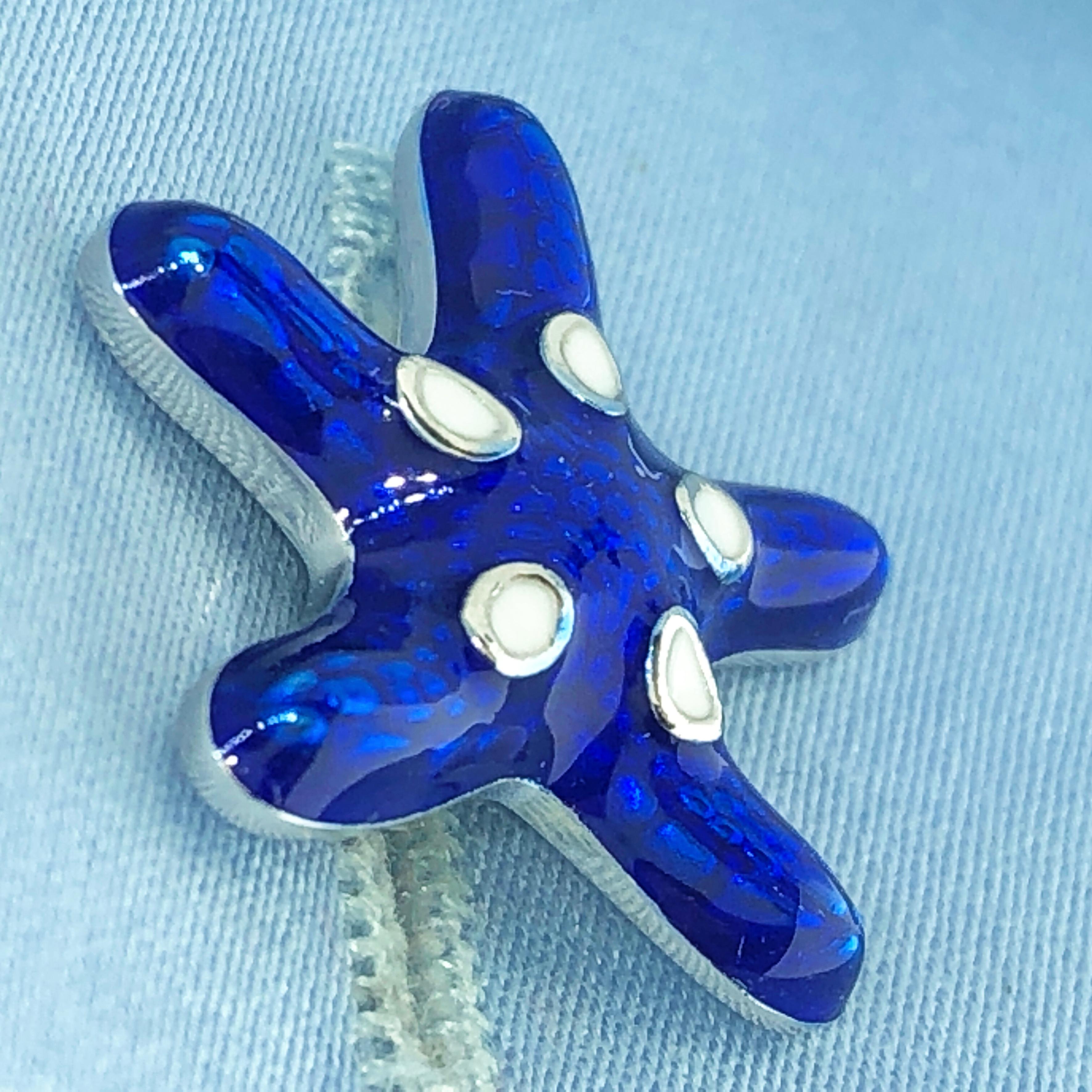 Berca White Navy Blue Hand Enameled Seashell Starfish Sterling Silver Cufflinks 4