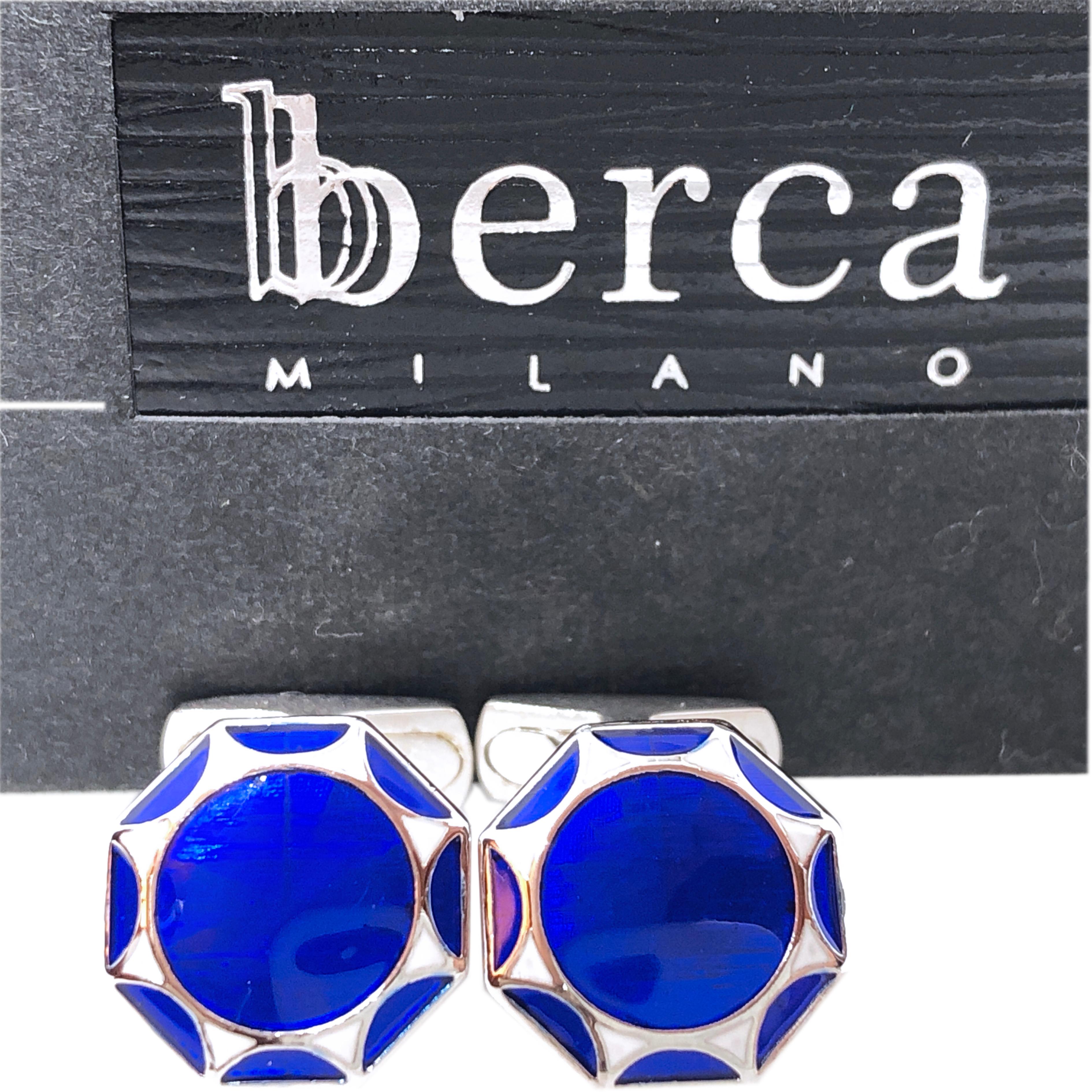 Chic yet Timeless Octagonal White, Navy Blue, Light Blue Hand Enamelled Sterling Silver Cufflinks, T-bar back.
In our Smart Black Box.

Front Diameter about 0.55 inches.