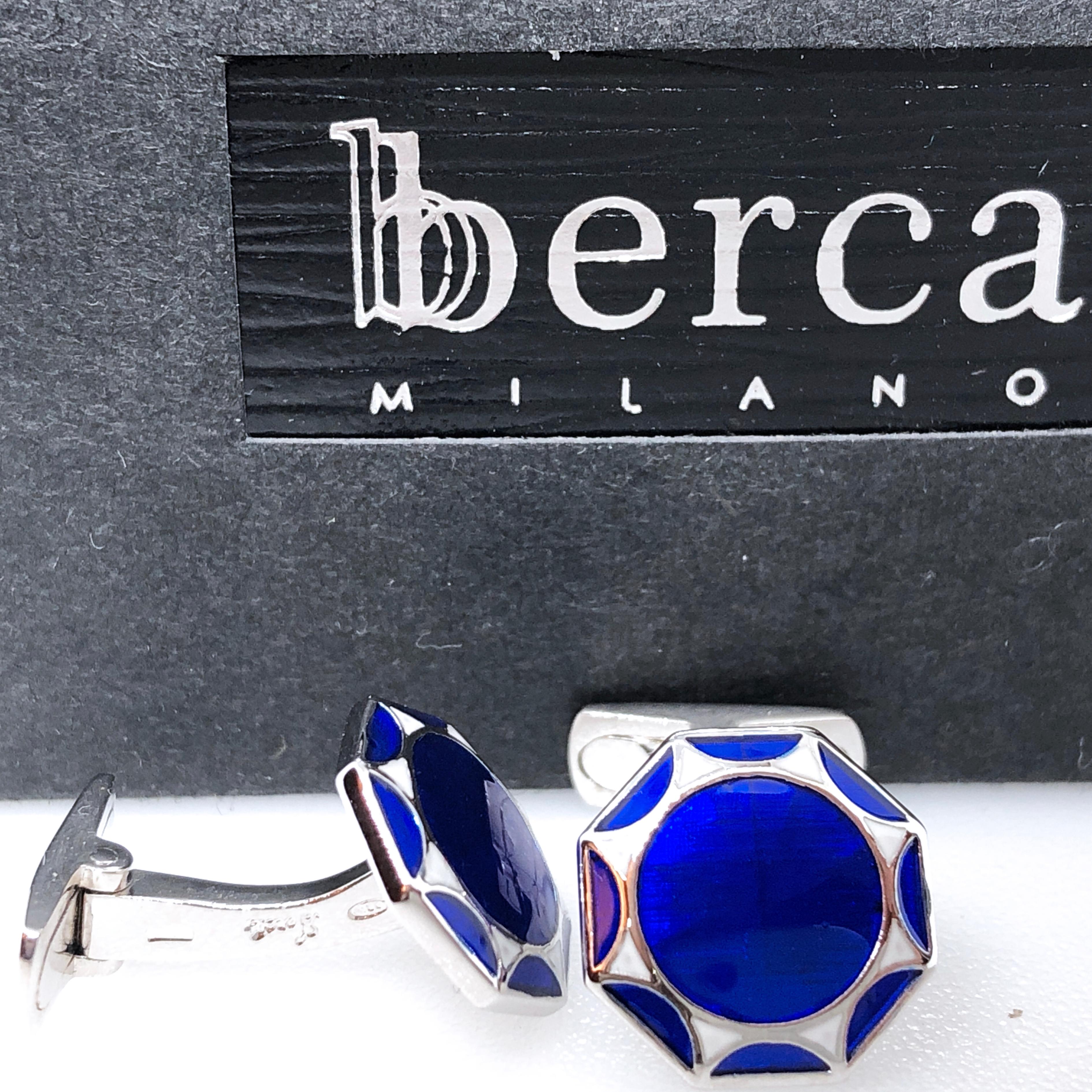 Contemporary Berca White Navy Blue Hand Enameled Sterling Silver Cufflinks T-Bar Back For Sale