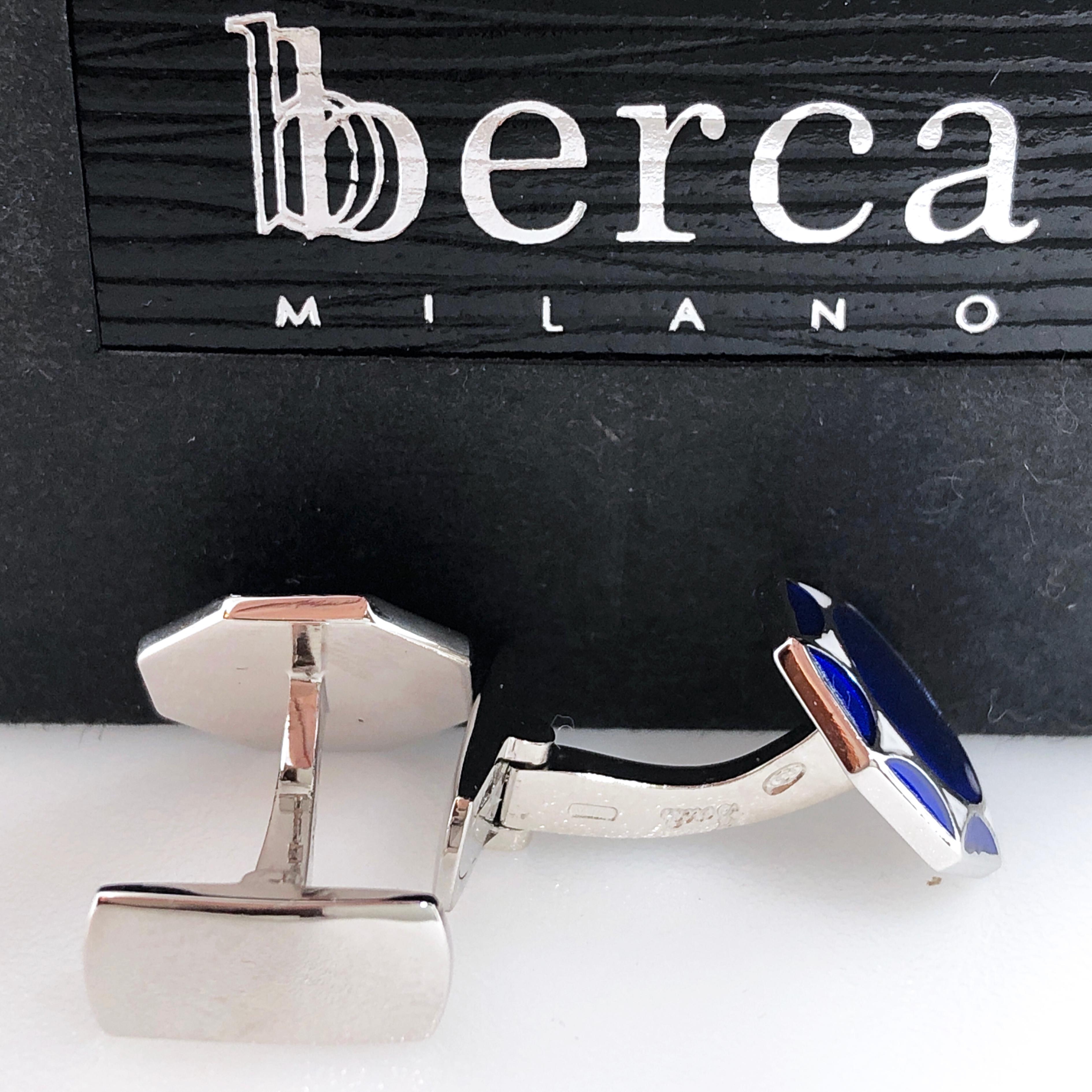 Berca White Navy Blue Hand Enameled Sterling Silver Cufflinks T-Bar Back In New Condition For Sale In Valenza, IT