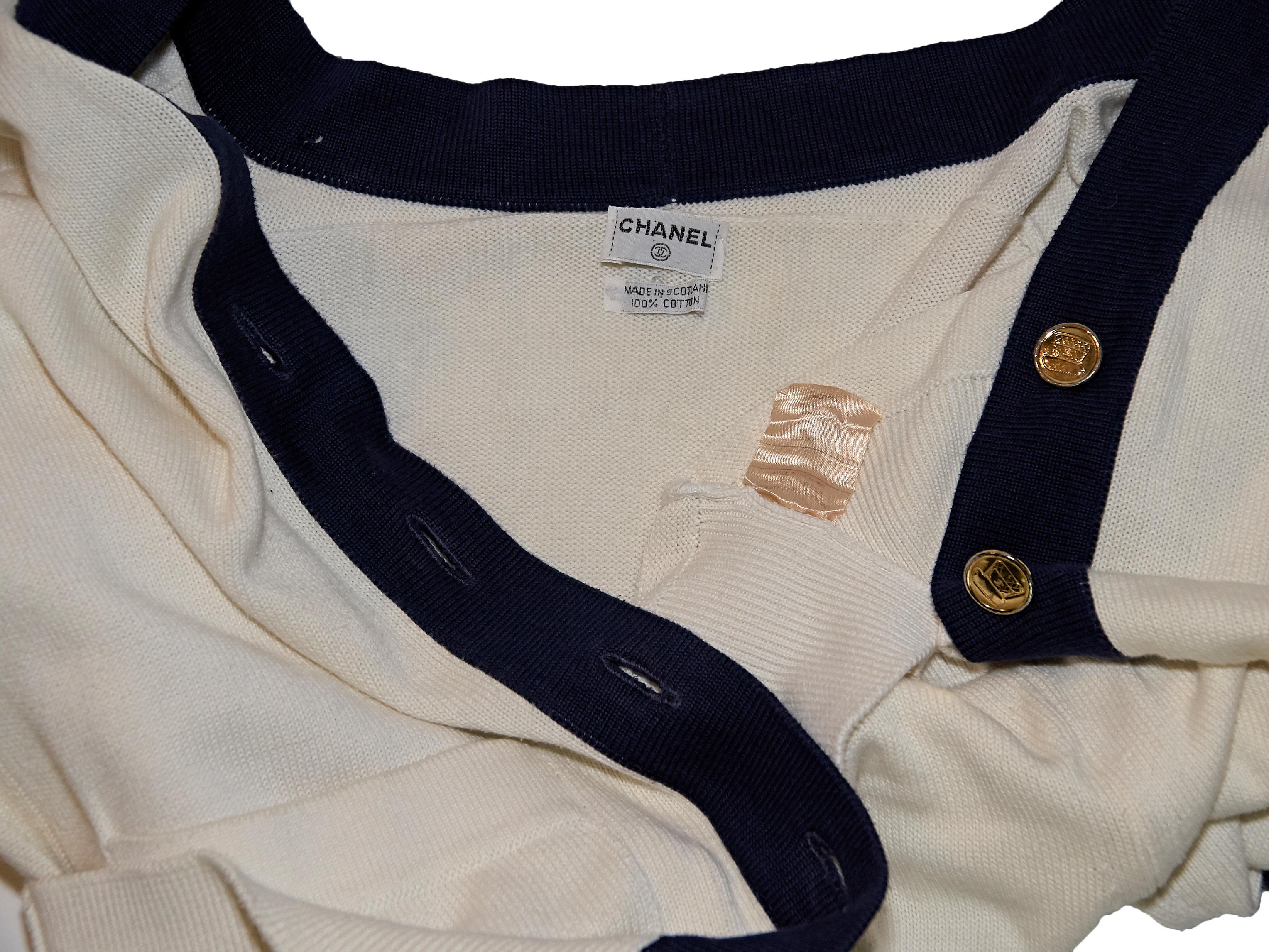 Beige White & Navy Blue Vintage Chanel Cotton Cardigan