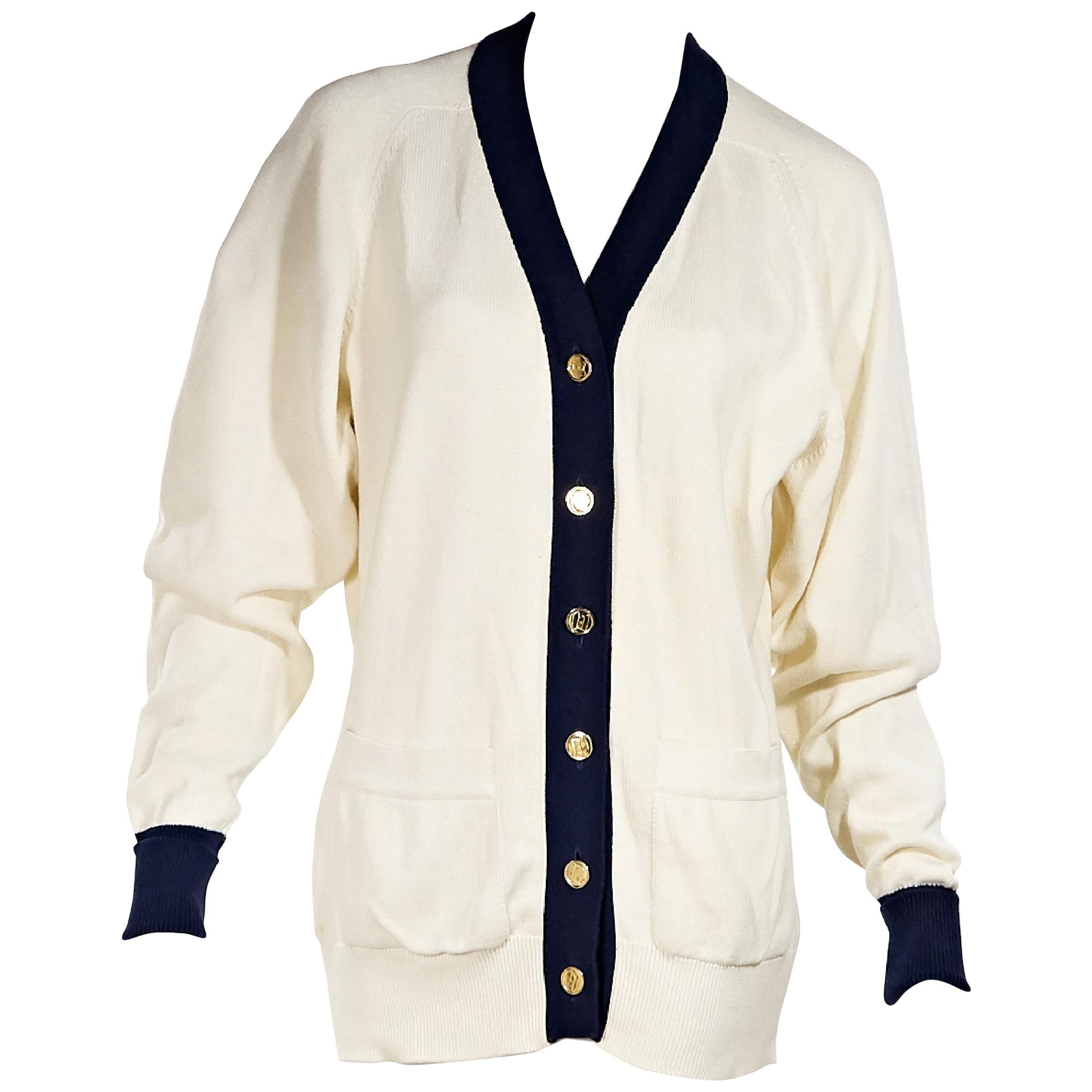 White & Navy Blue Vintage Chanel Cotton Cardigan