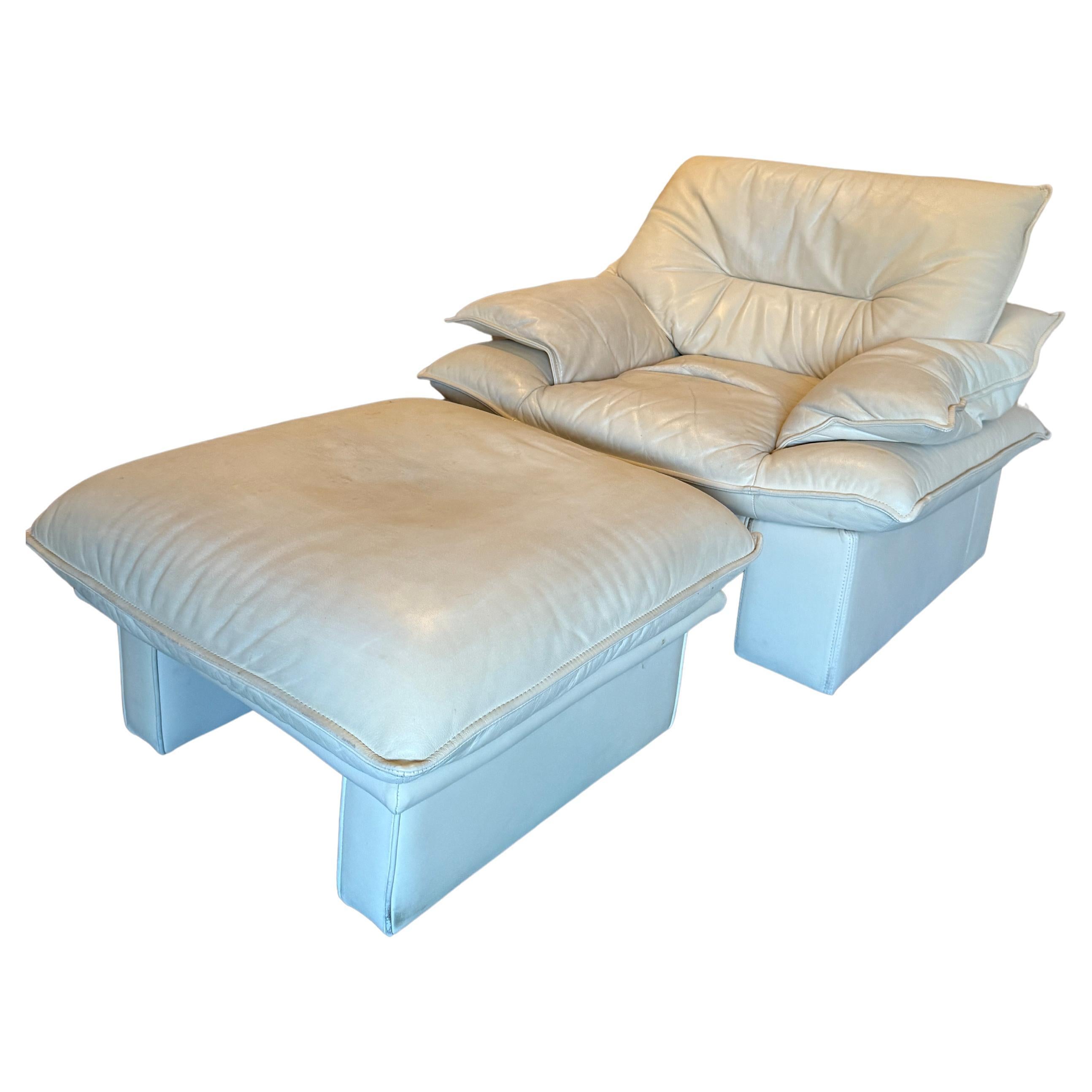 White Nicoletti Salotti Post Modern Italian Leather Low lounge chair ottoman For Sale