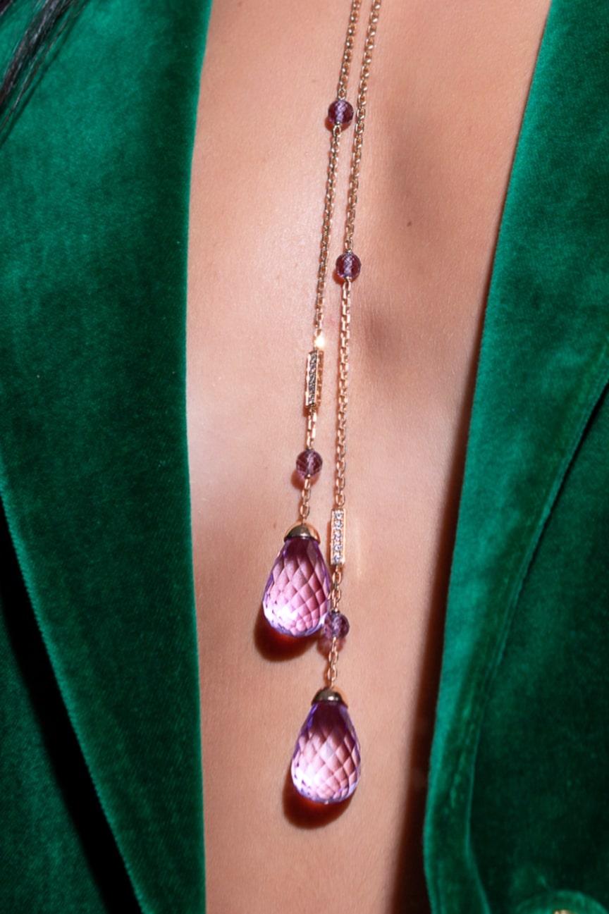 Women's 51.03 Carat AMETHYST Briolette Drops Rose Gold Necklace For Sale