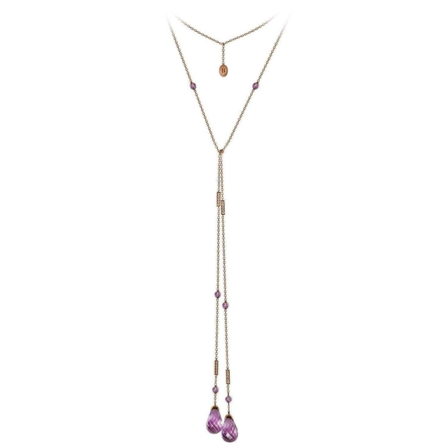 51.03 Carat AMETHYST Briolette Drops Rose Gold Necklace For Sale