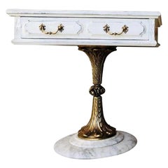 Antique White Nightstand with One-Drawer and Bronze and Marble Pedestal