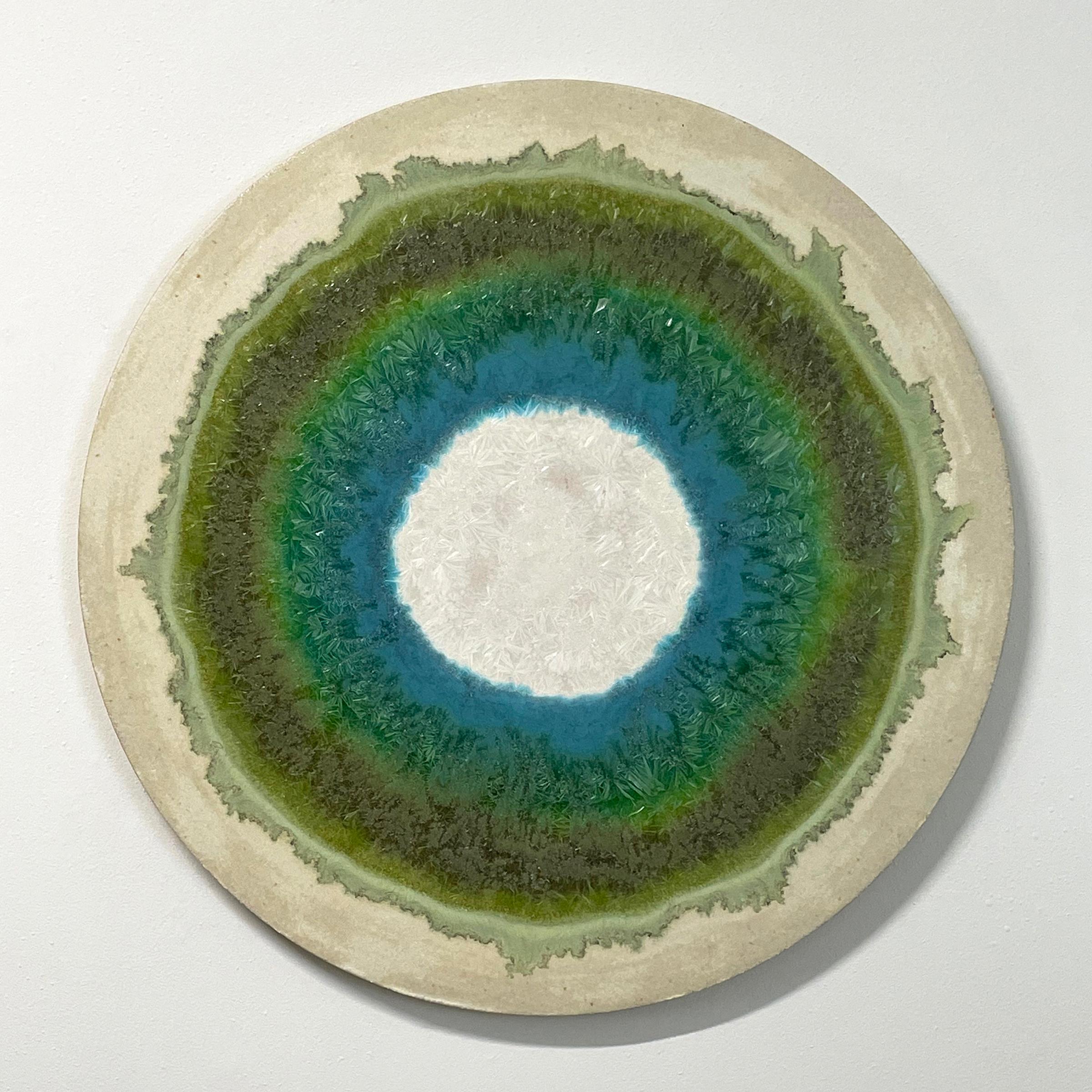 White Noise
Ceramic crystal glaze painting by William Edwards
Hand rolled earthenware circular slab with crystal glaze. 

William received his BFA in sculpture from the historic San Francisco Art Institute and his MFA from UC Davis. William produces