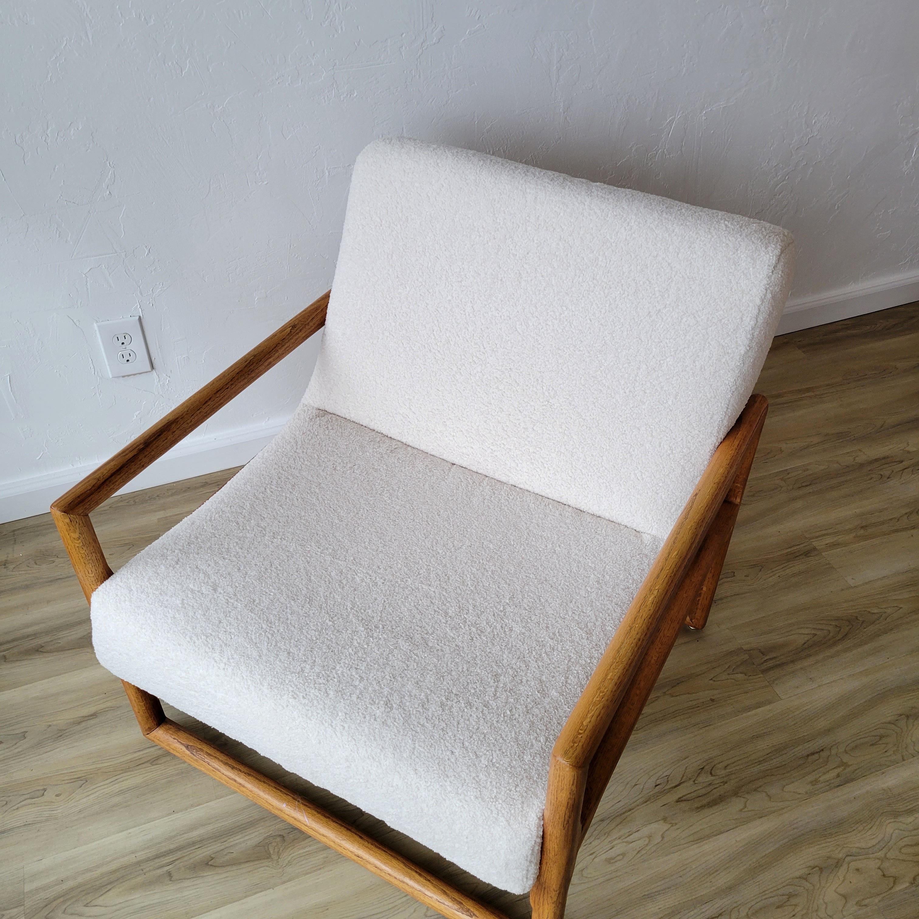 American White Oak and Boucle Lounge Chairs + Ottoman For Sale