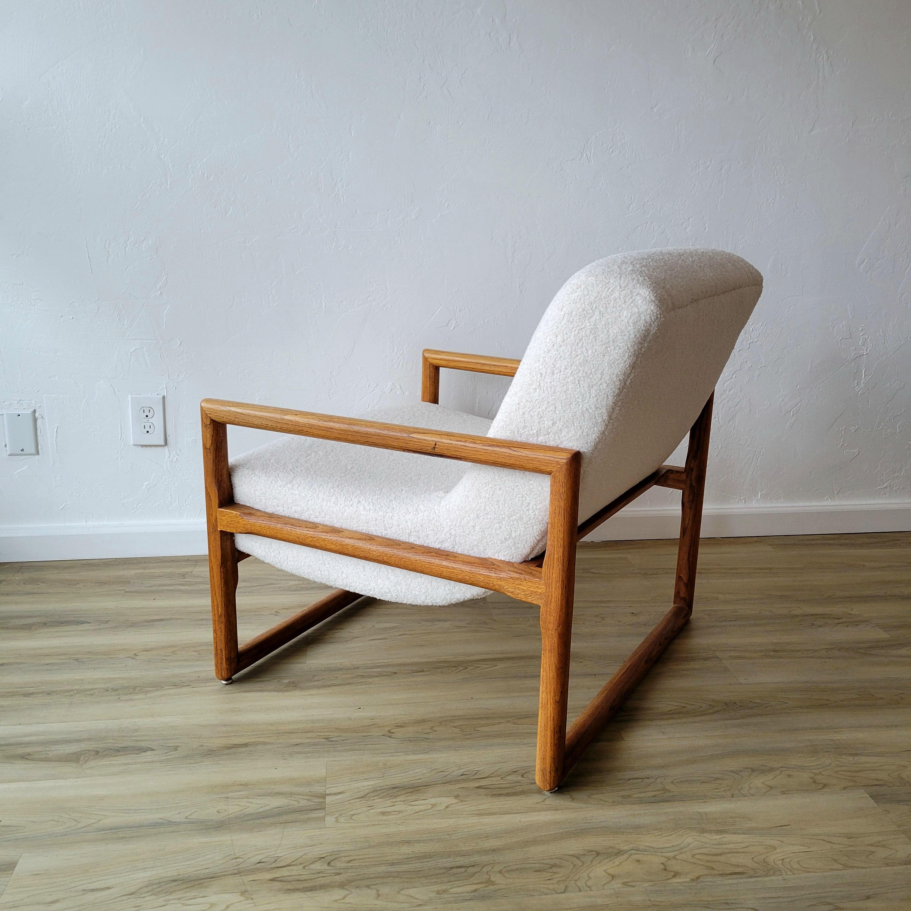 Late 20th Century White Oak and Boucle Lounge Chairs + Ottoman For Sale