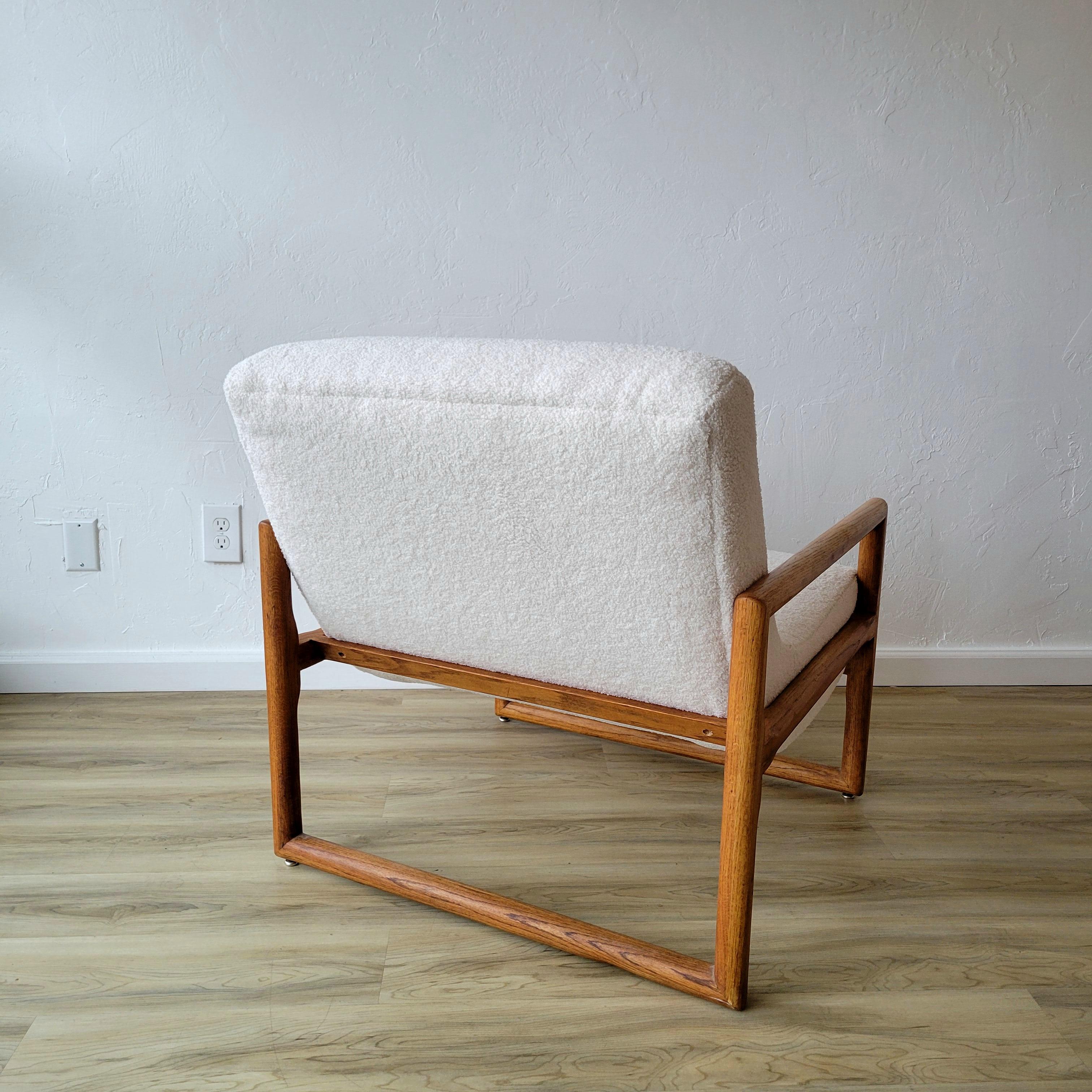 Bouclé White Oak and Boucle Lounge Chairs + Ottoman For Sale