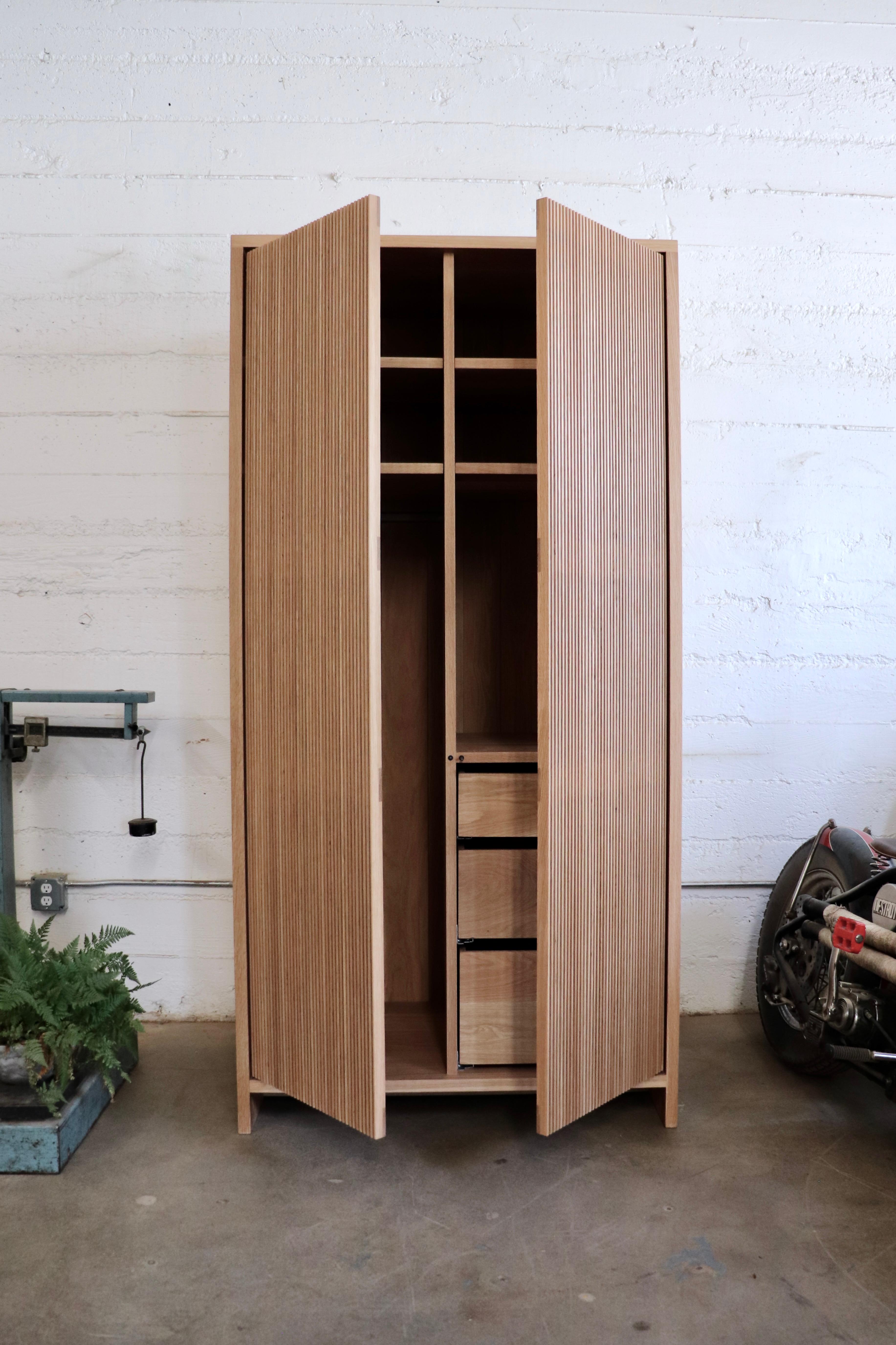 White Oak Armoire / Wardrobe with Slatted Doors In New Condition For Sale In Portland, OR