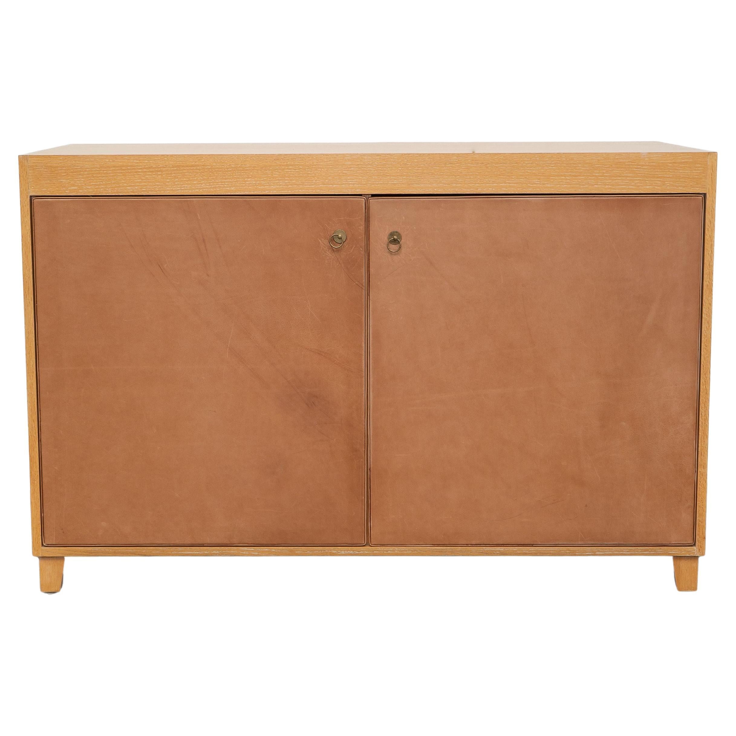 White Oak Cabinet with Saddle Leather Wrapped Doors For Sale