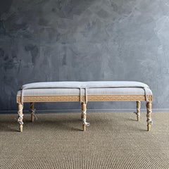 White Oak Carved French Louis XVI Style Bench Upholstered in Linen with Cushion