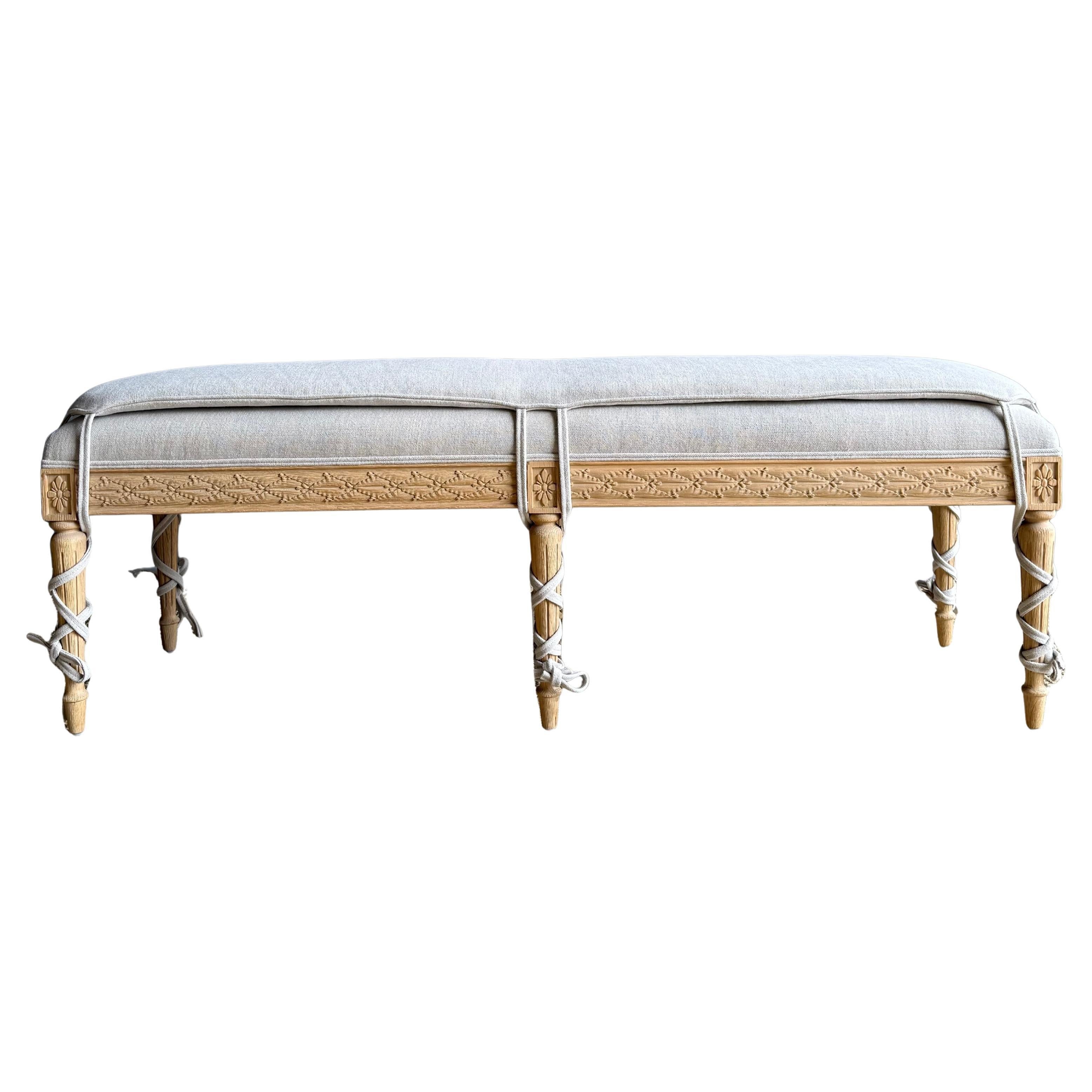 White Oak Carved French Louis XVI Style Bench Upholstered in Linen with Cushion