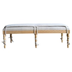 White Oak Carved French Louis XVI Style Bench Upholstered in Linen with Cushion
