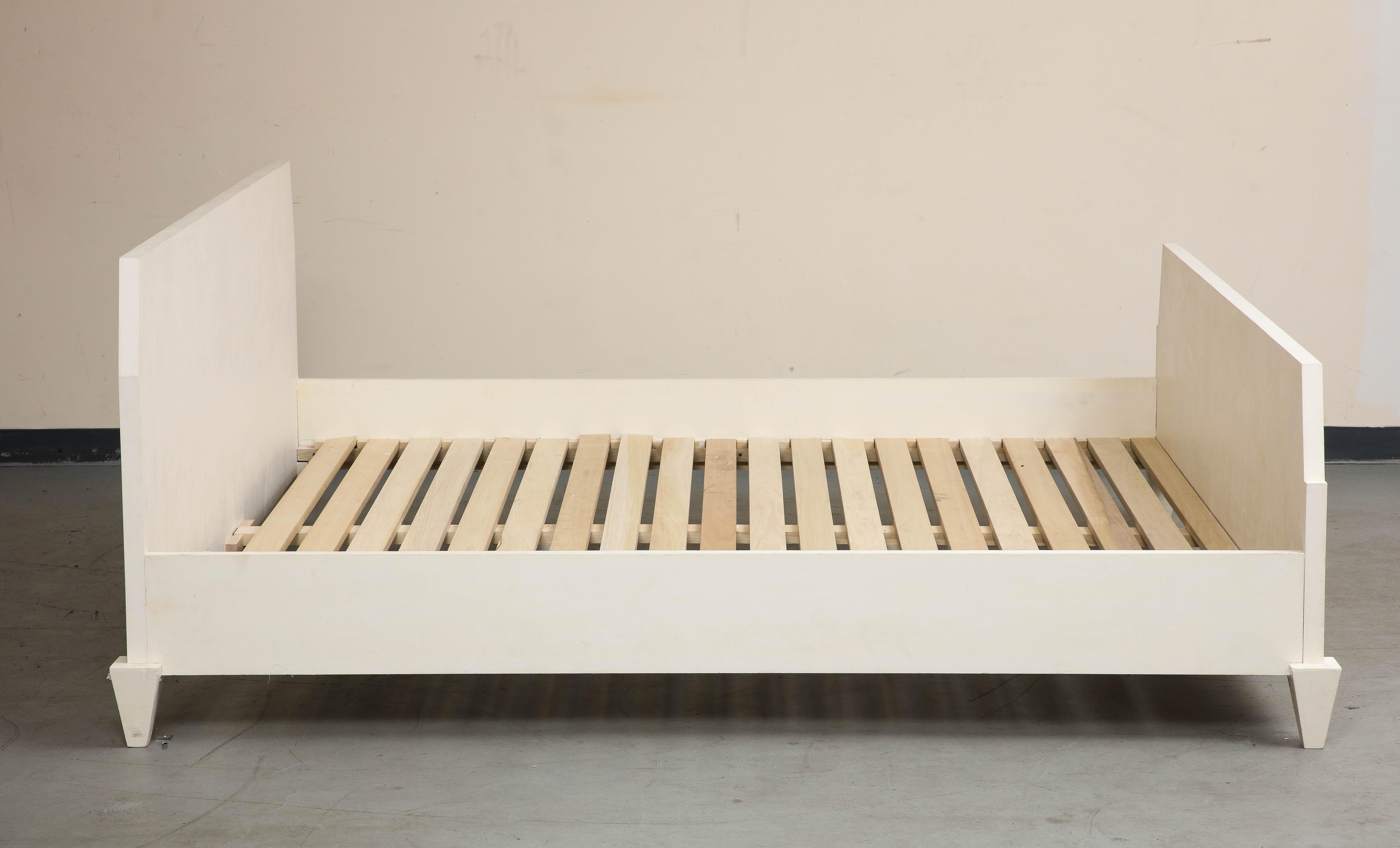 Mid-Century Modern White Oak Custom King Bed Frame with Hand Done Plaster Finish For Sale
