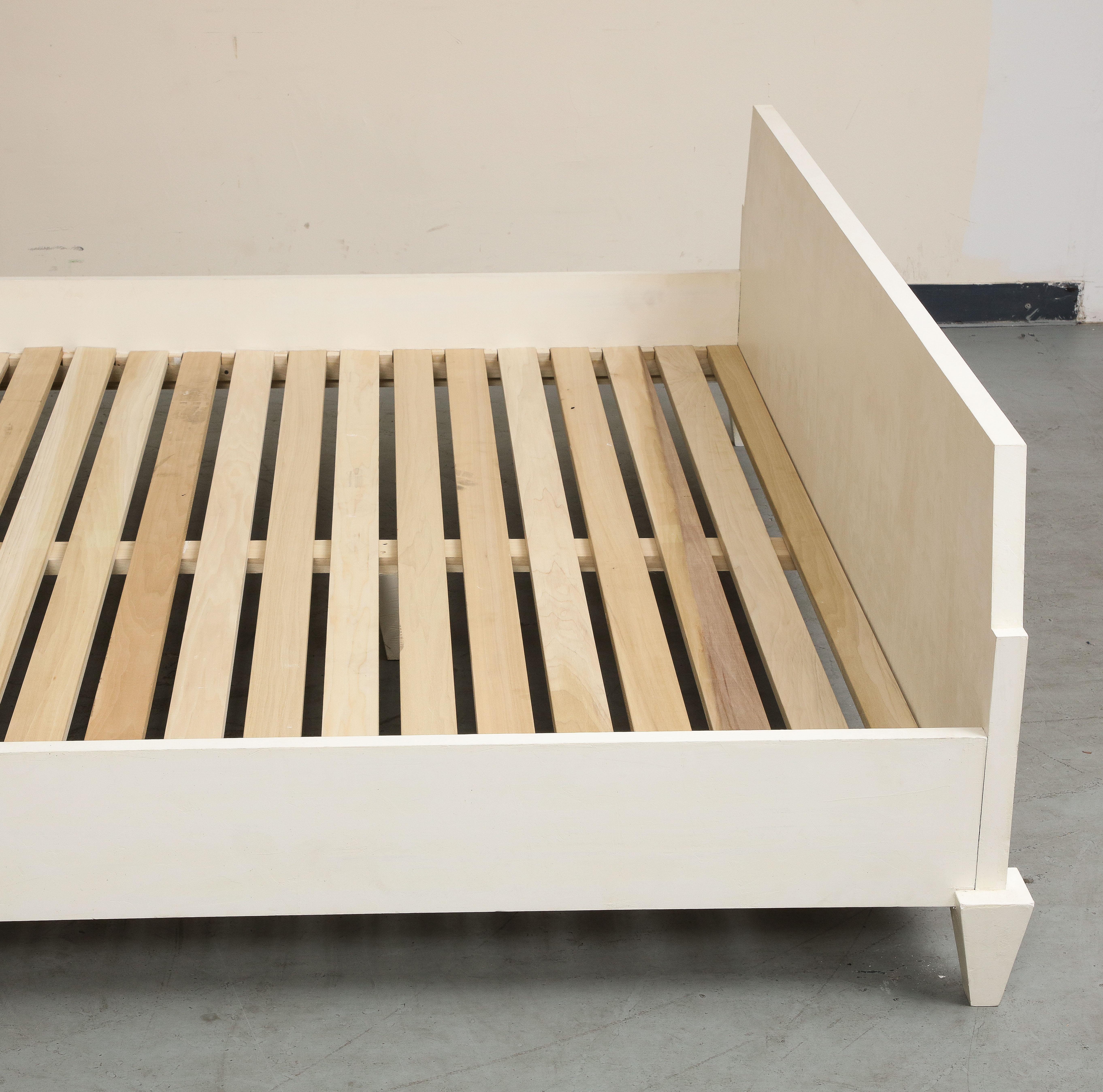 White Oak Custom King Bed Frame with Hand Done Plaster Finish In Good Condition For Sale In Chicago, IL