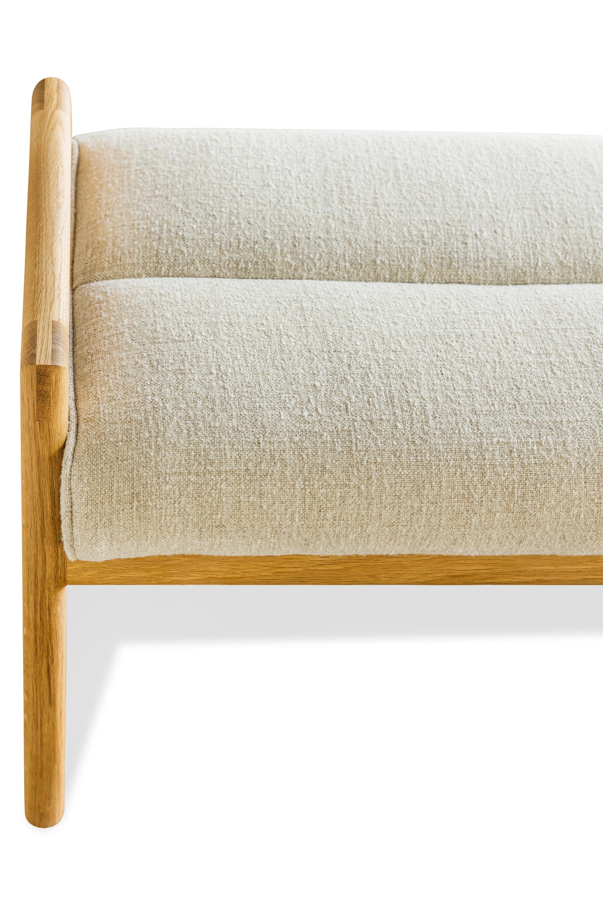 Mid-Century Modern White Oak framed MORESBY Bench with Maharam Plume Ciabatta Seat For Sale