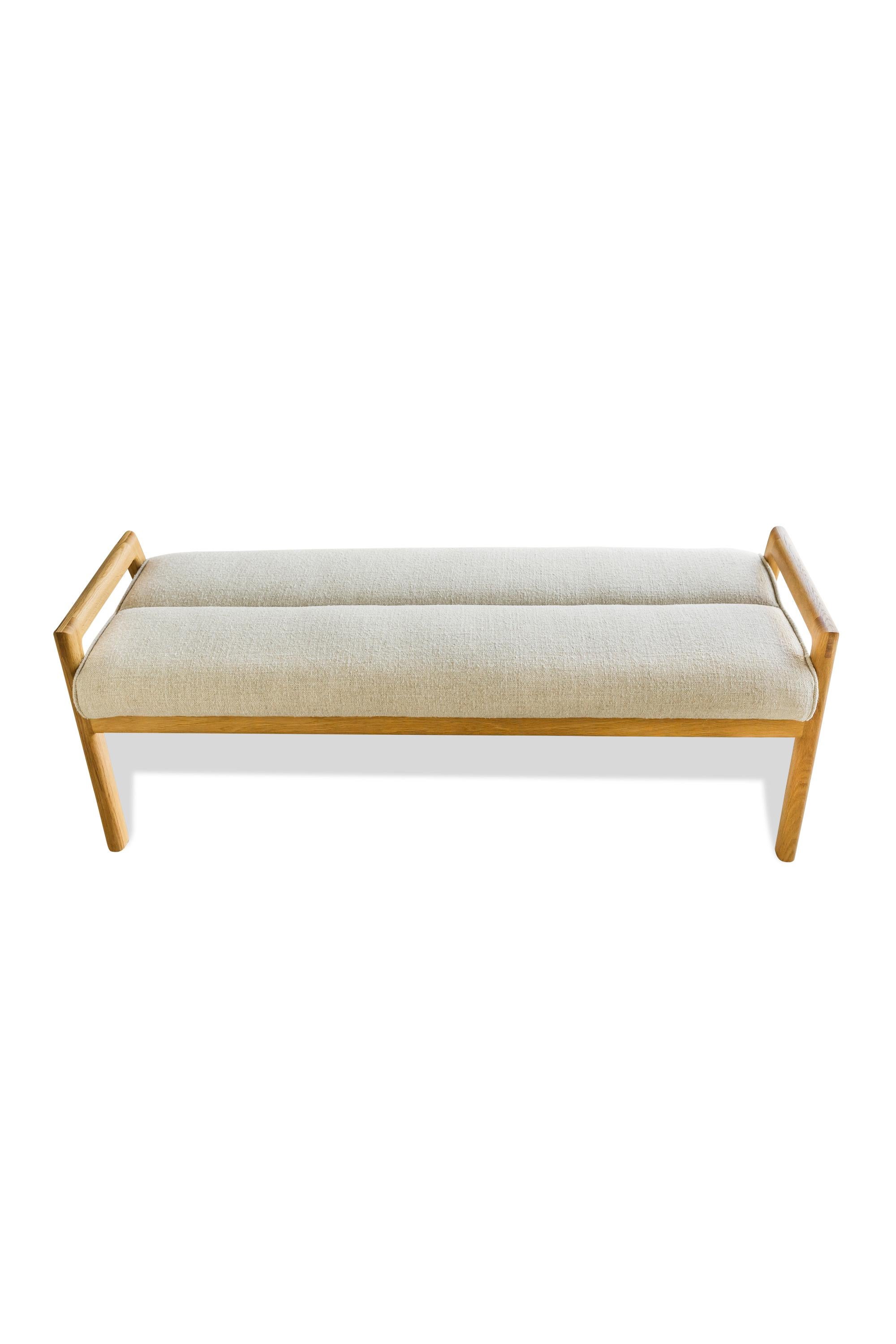 Fabric White Oak framed MORESBY Bench with Maharam Plume Ciabatta Seat For Sale