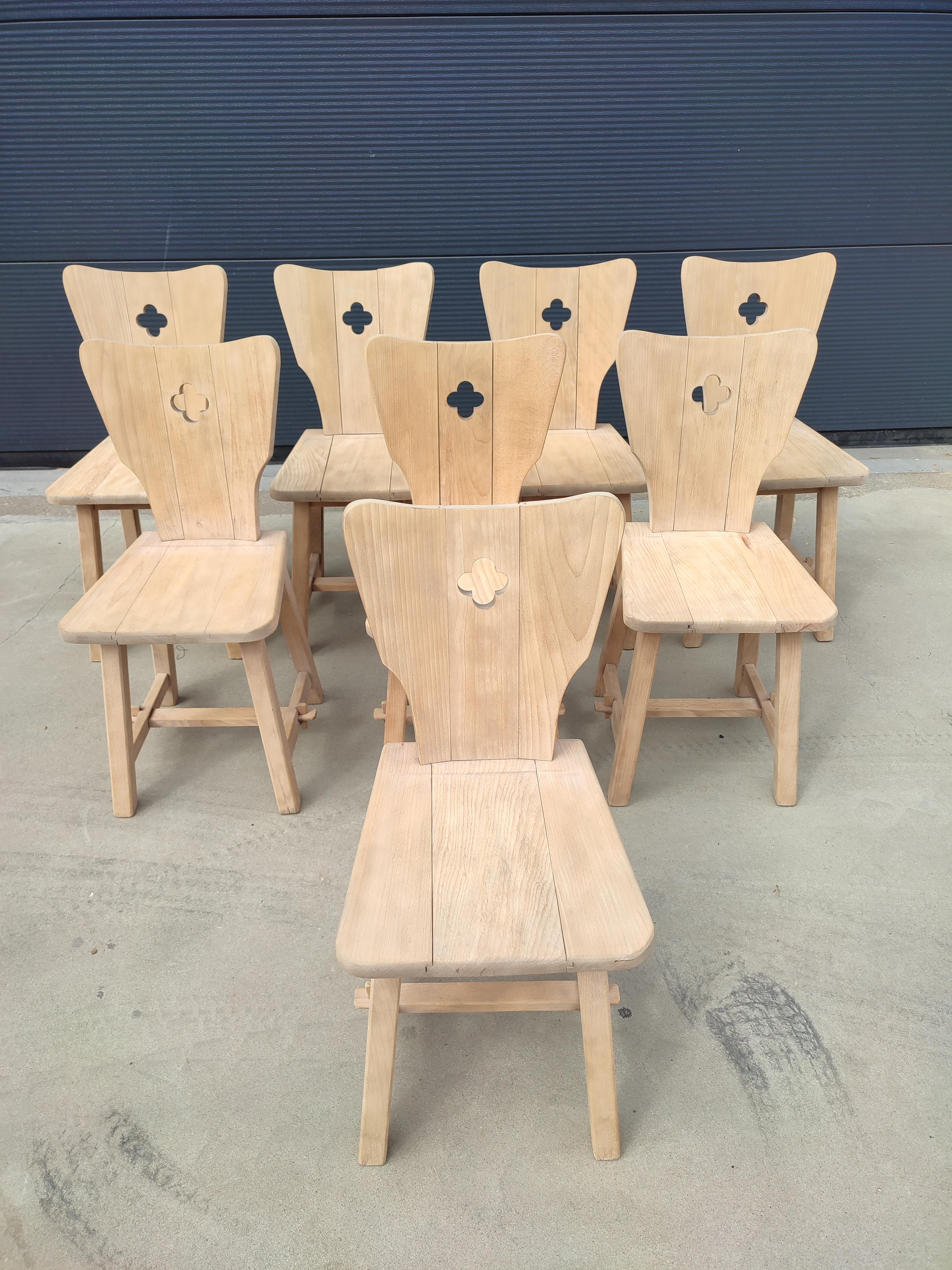 Mid-Century Modern White Oak French Brutalist Dining Chairs asset of Eight