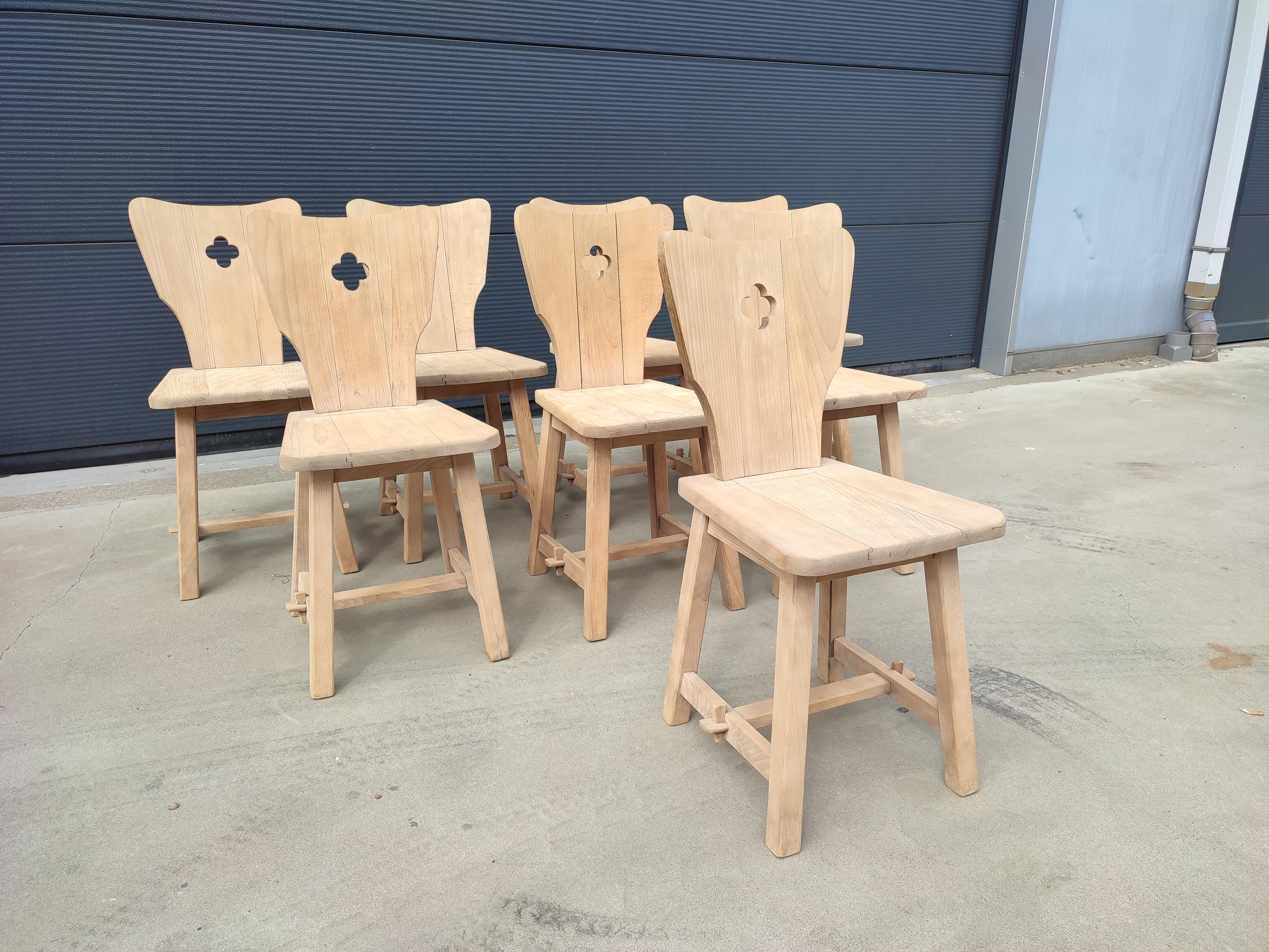 Hand-Carved White Oak French Brutalist Dining Chairs asset of Eight
