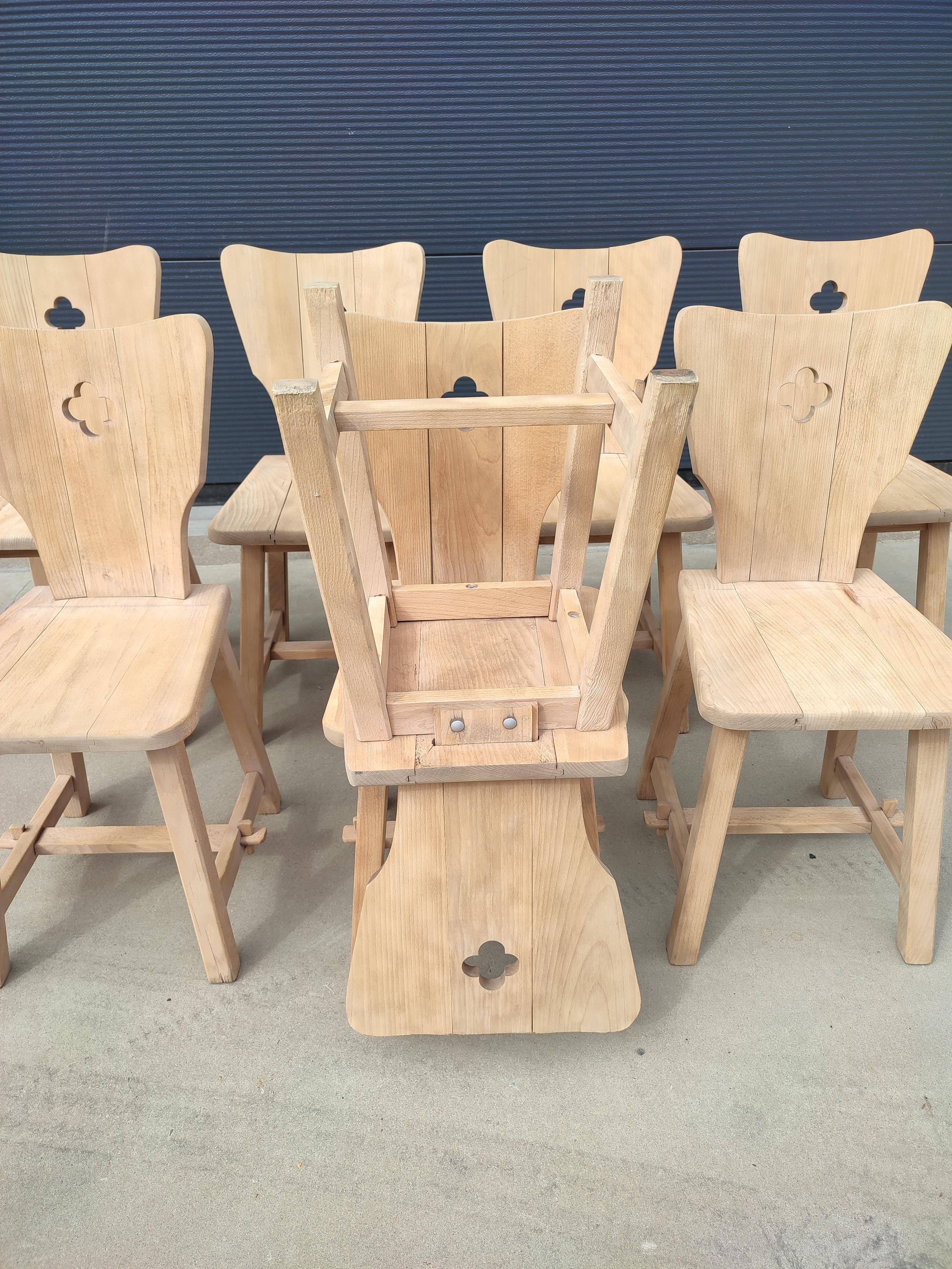 White Oak French Brutalist Dining Chairs asset of Eight 3