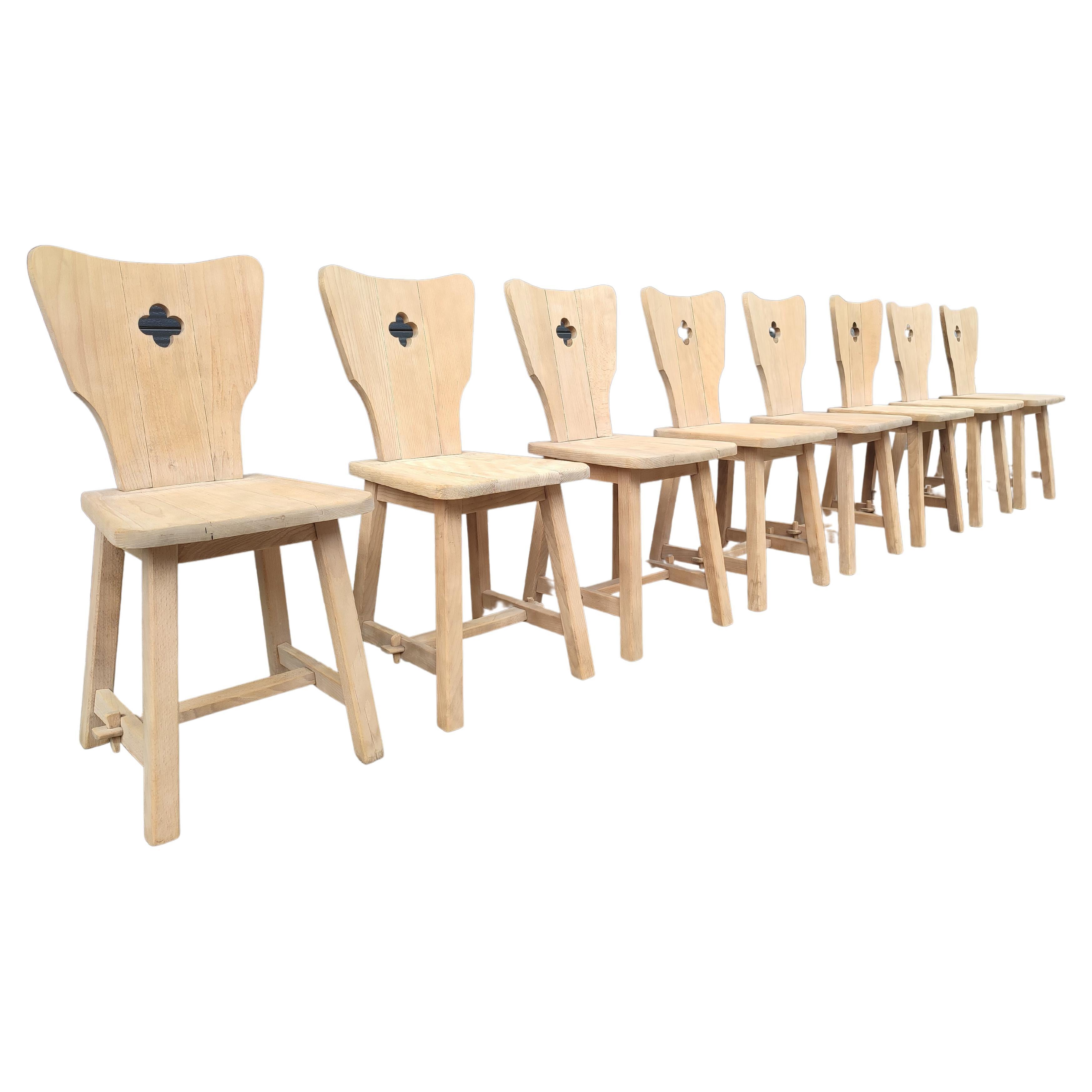 White Oak French Brutalist Dining Chairs asset of Eight