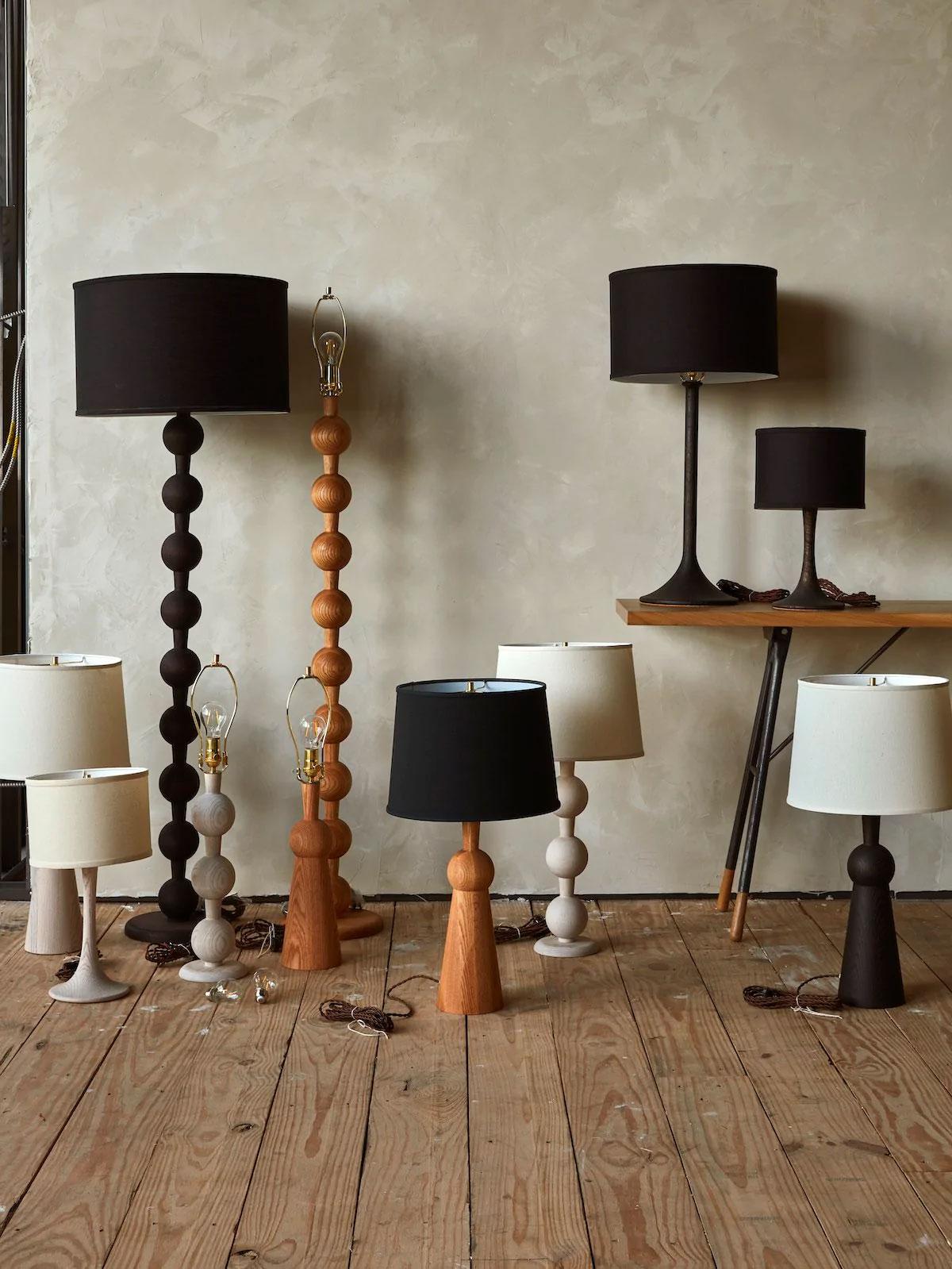 White Oak Modern Hugo Barbell Floor Lamp, Belgian Linen Shade In New Condition In Philadelphia, PA