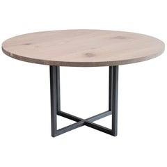 Mesa de Comedor Redonda de 36" en Roble Blanco e Incrustaciones de Peltre Moderna Base de Pedestal de Acero