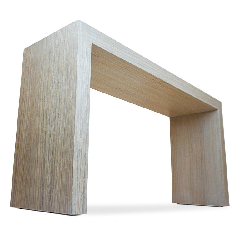 White Oak Veneer Waterfall Console with Clear Finish For Sale at