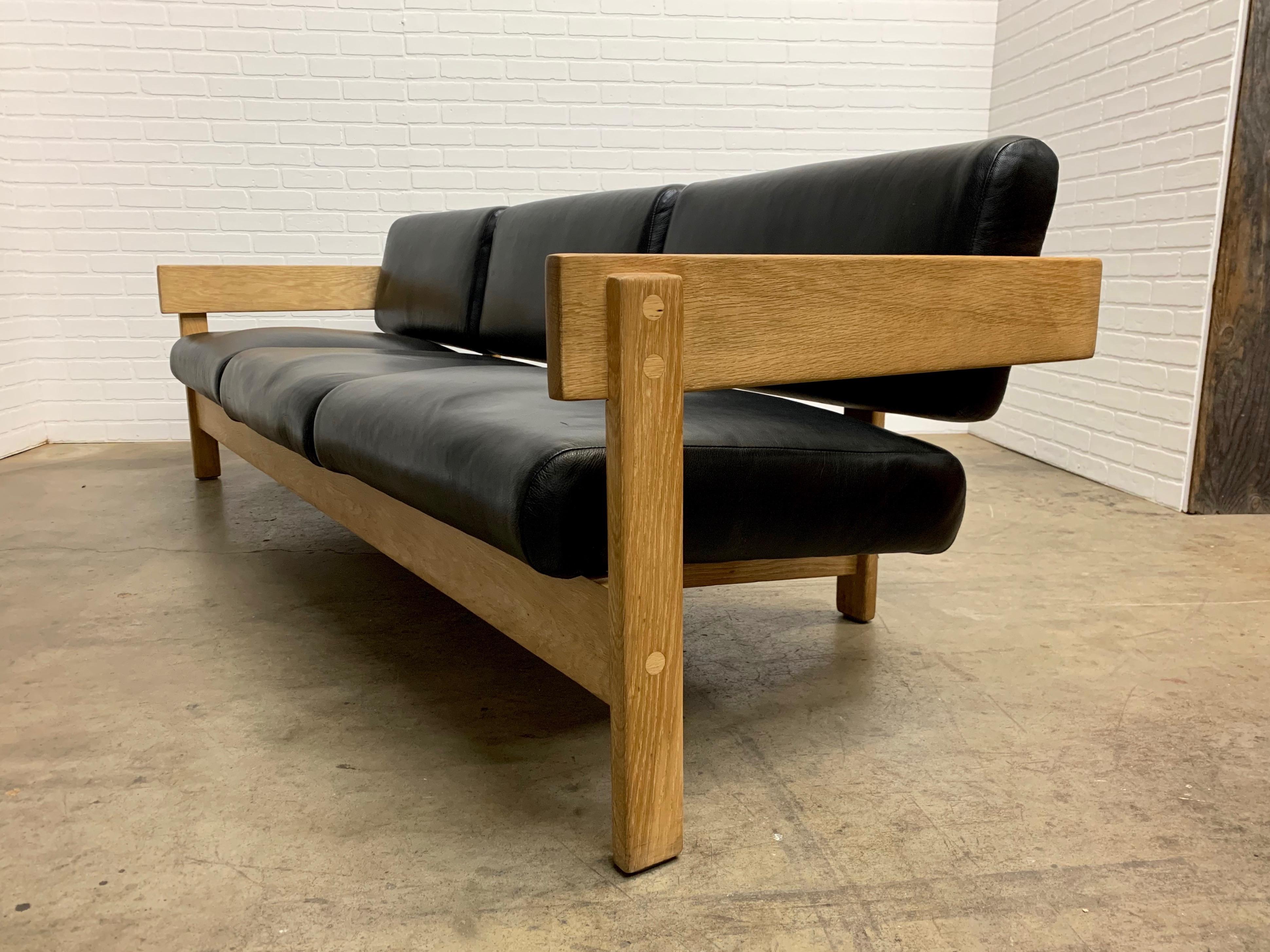 White Oak with Black Leather Sofa by Metropolitan In Good Condition In Denton, TX