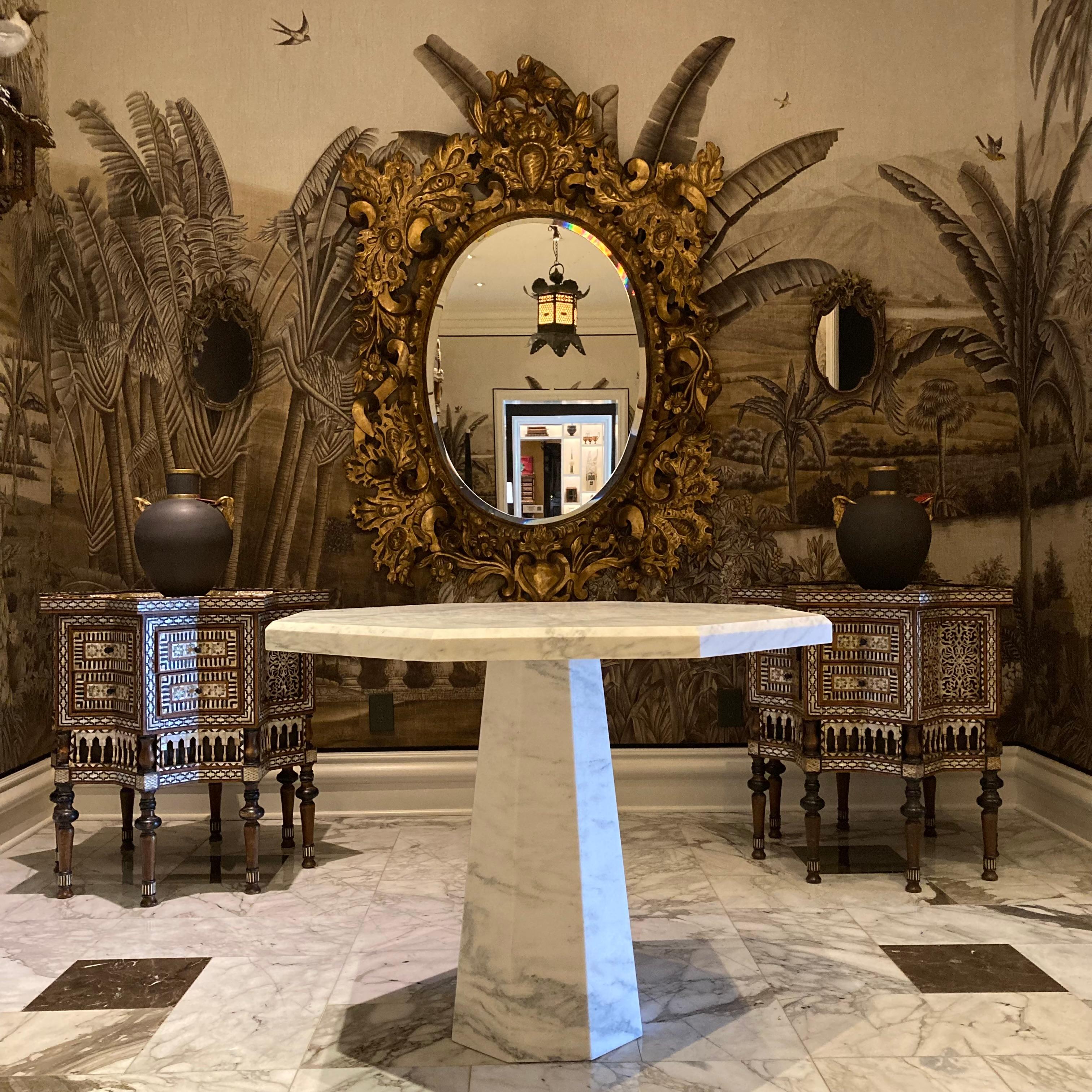 White Octagon Honed Montclair Danby Marble Center Table In Good Condition For Sale In Houston, TX