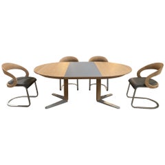 Mesa extensible de roble aceitado blanco / cristal gris y juego de 4 sillas