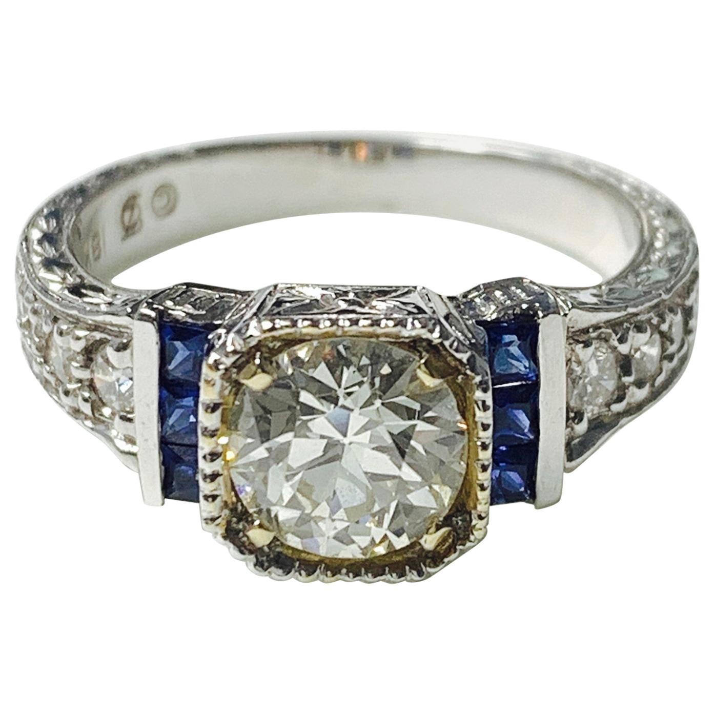 White Old European Cut Diamond and Blue Sapphire Ring in 18 Karat Gold For Sale